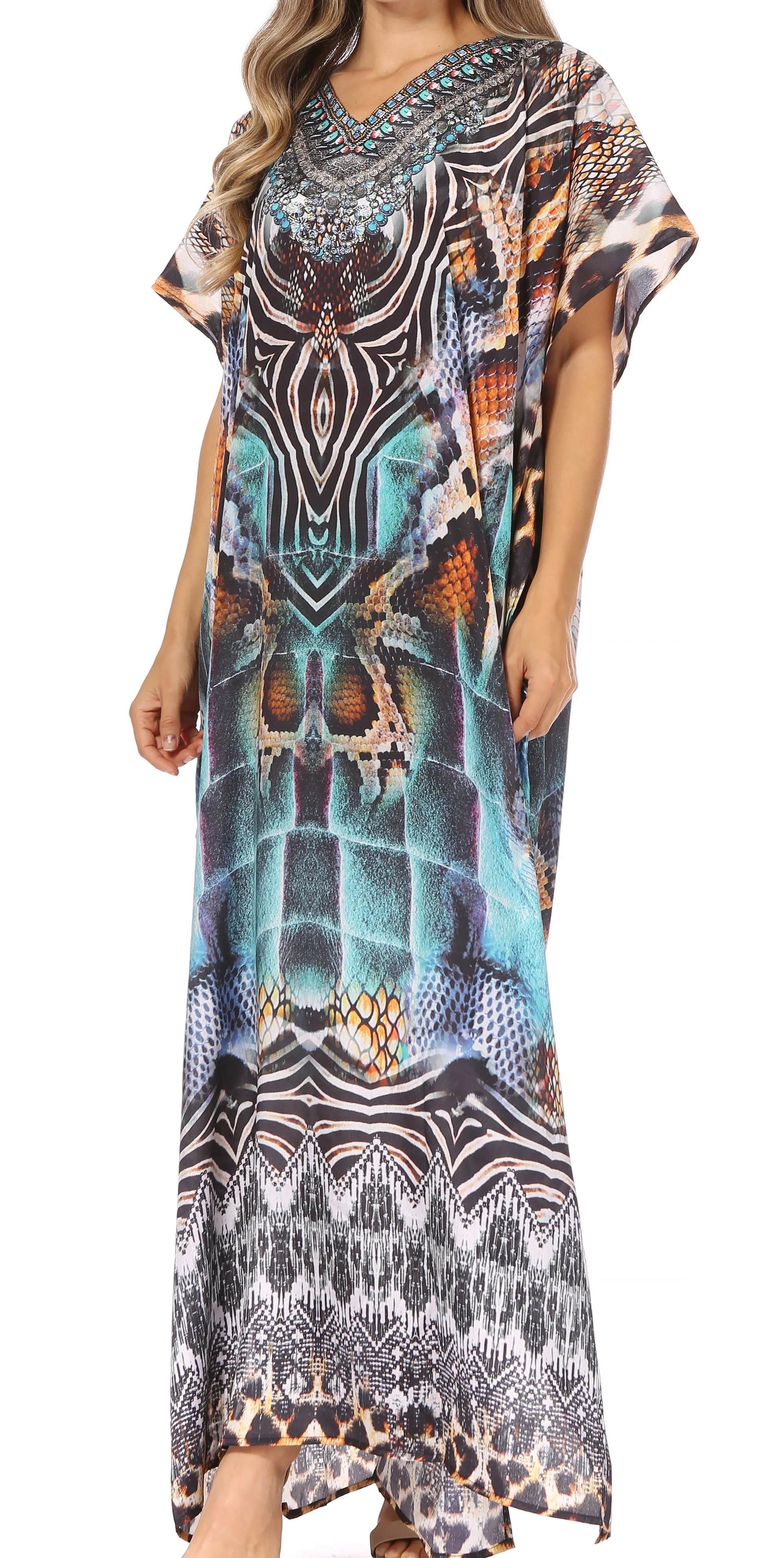 Sakkas Vicky Women's Casual Long Print Short Sleeve Petite Beach Maxi Caftan Dress - Buy One Get One Free - Image 41
