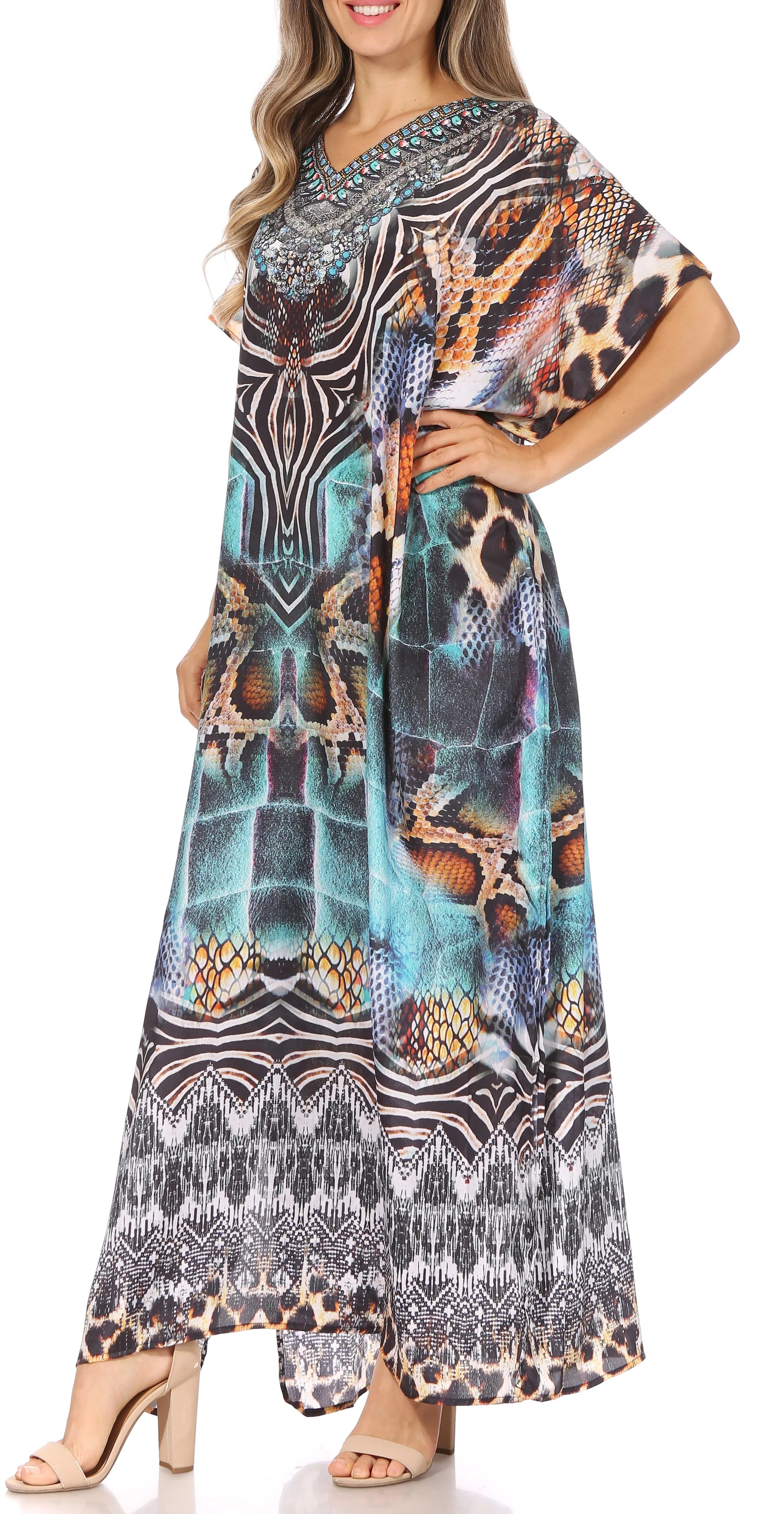 Sakkas Vicky Women's Casual Long Print Short Sleeve Petite Beach Maxi Caftan Dress - Buy One Get One Free - Image 43