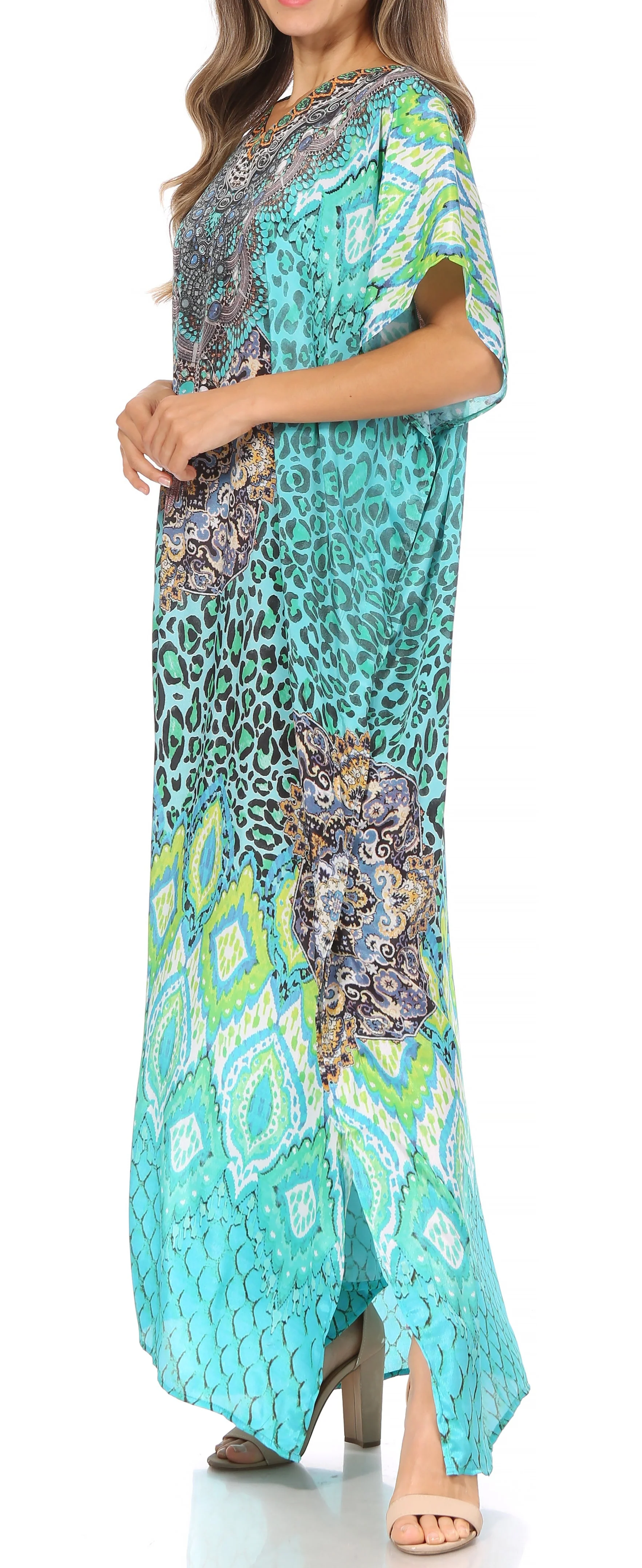Sakkas Vicky Women's Casual Long Print Short Sleeve Petite Beach Maxi Caftan Dress - Buy One Get One Free - Image 48