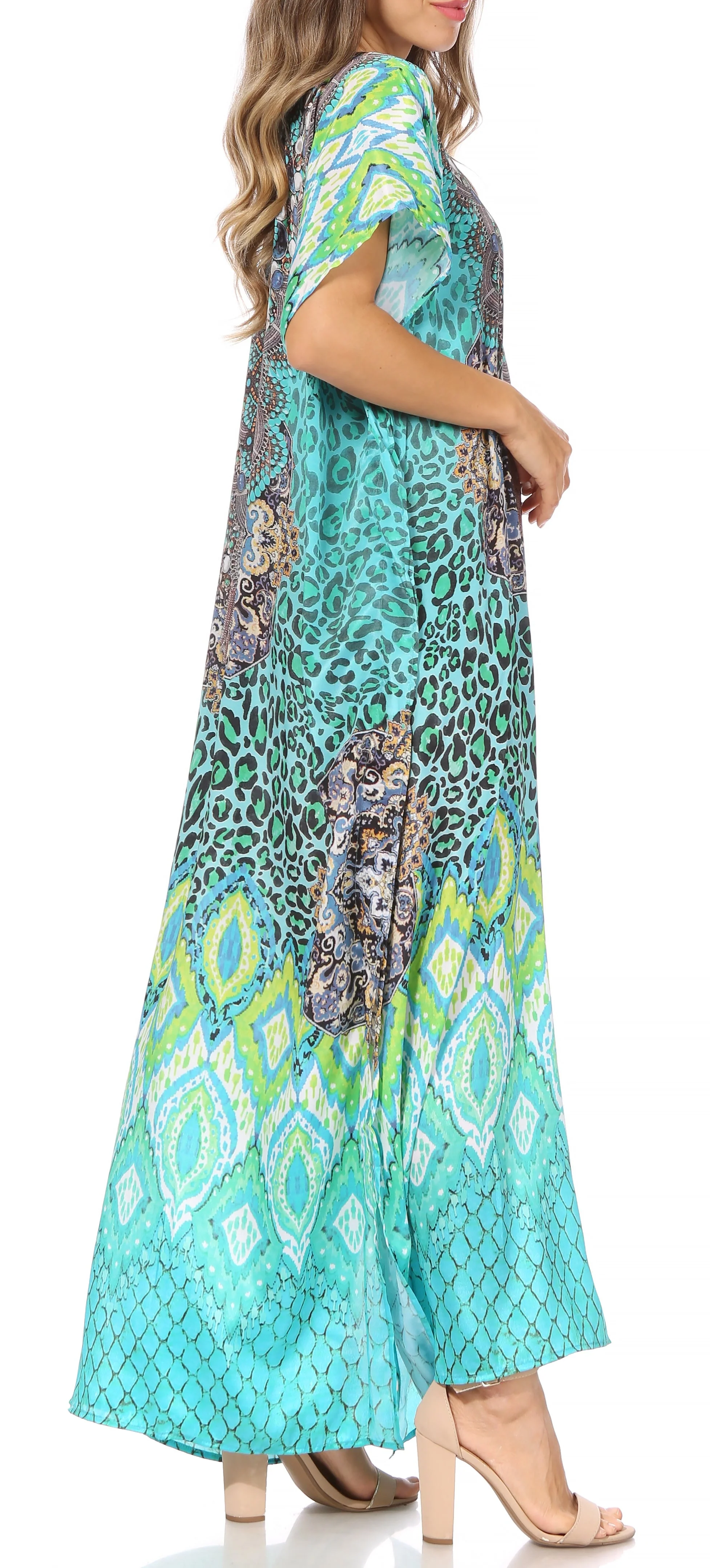 Sakkas Vicky Women's Casual Long Print Short Sleeve Petite Beach Maxi Caftan Dress - Buy One Get One Free - Image 49