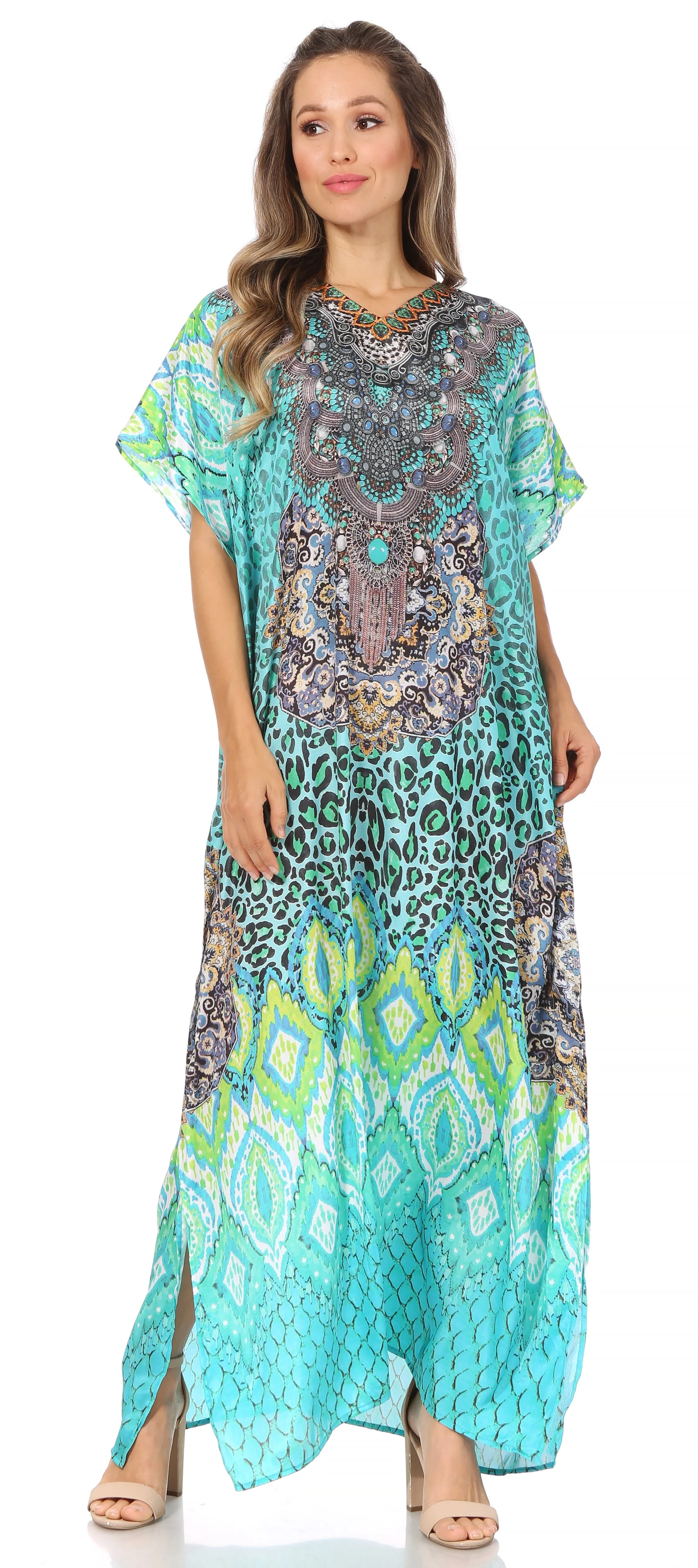 Sakkas Vicky Women's Casual Long Print Short Sleeve Petite Beach Maxi Caftan Dress - Buy One Get One Free - Image 50