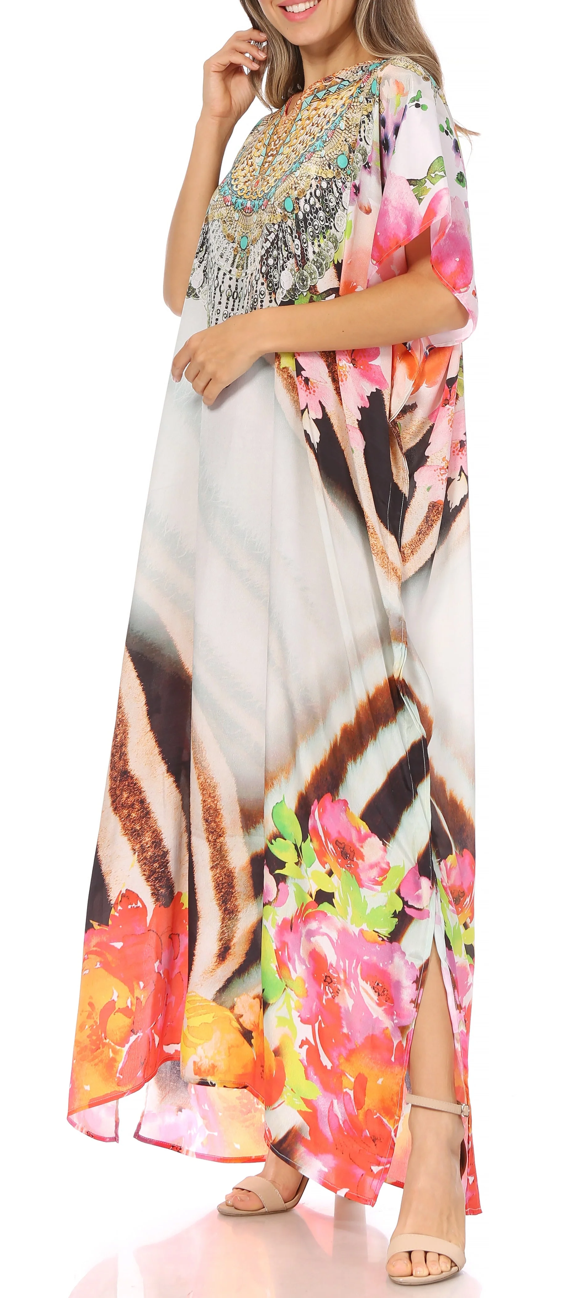 Sakkas Vicky Women's Casual Long Print Short Sleeve Petite Beach Maxi Caftan Dress - Buy One Get One Free - Image 53