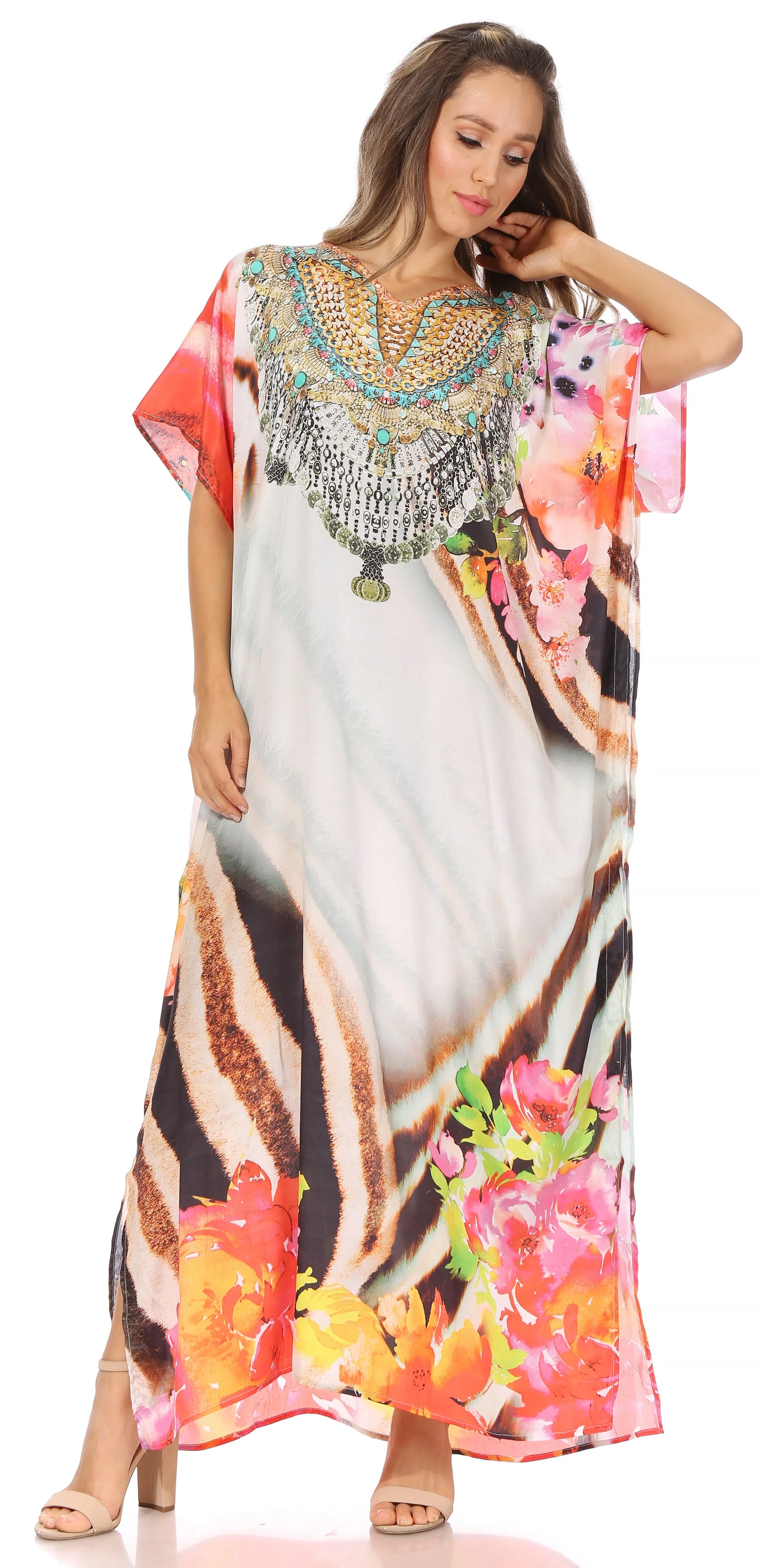 Sakkas Vicky Women's Casual Long Print Short Sleeve Petite Beach Maxi Caftan Dress - Buy One Get One Free - Image 55