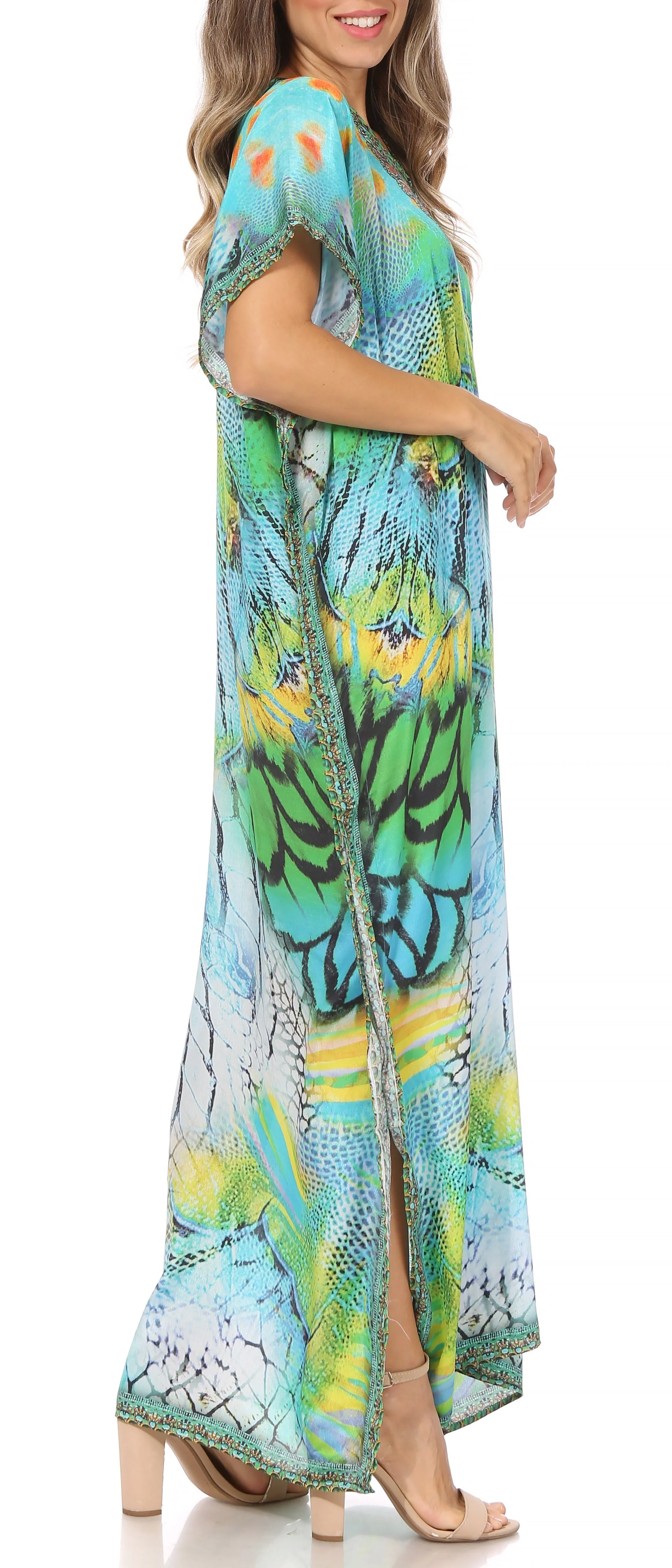 Sakkas Vicky Women's Casual Long Print Short Sleeve Petite Beach Maxi Caftan Dress - Buy One Get One Free - Image 59