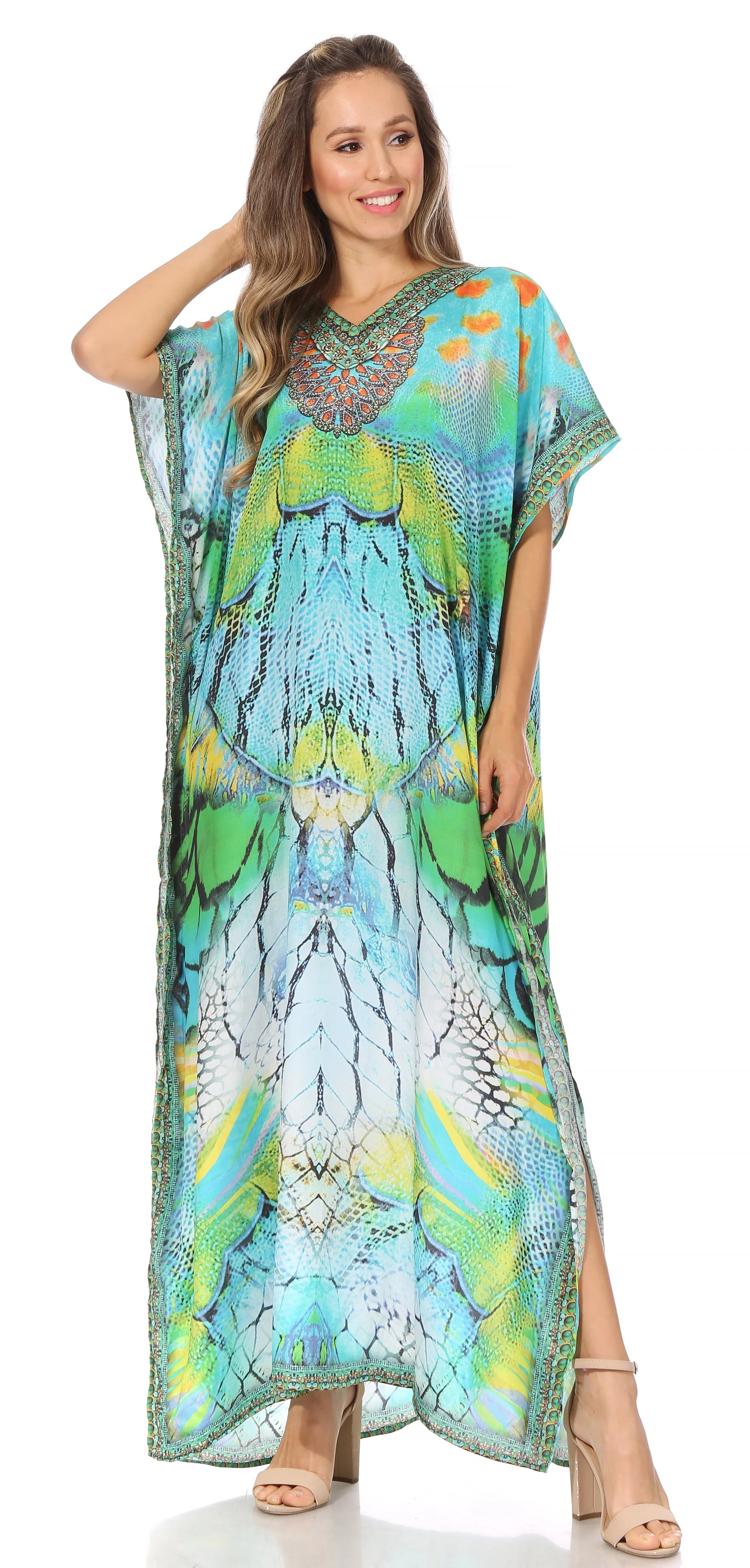 Sakkas Vicky Women's Casual Long Print Short Sleeve Petite Beach Maxi Caftan Dress - Buy One Get One Free - Image 60