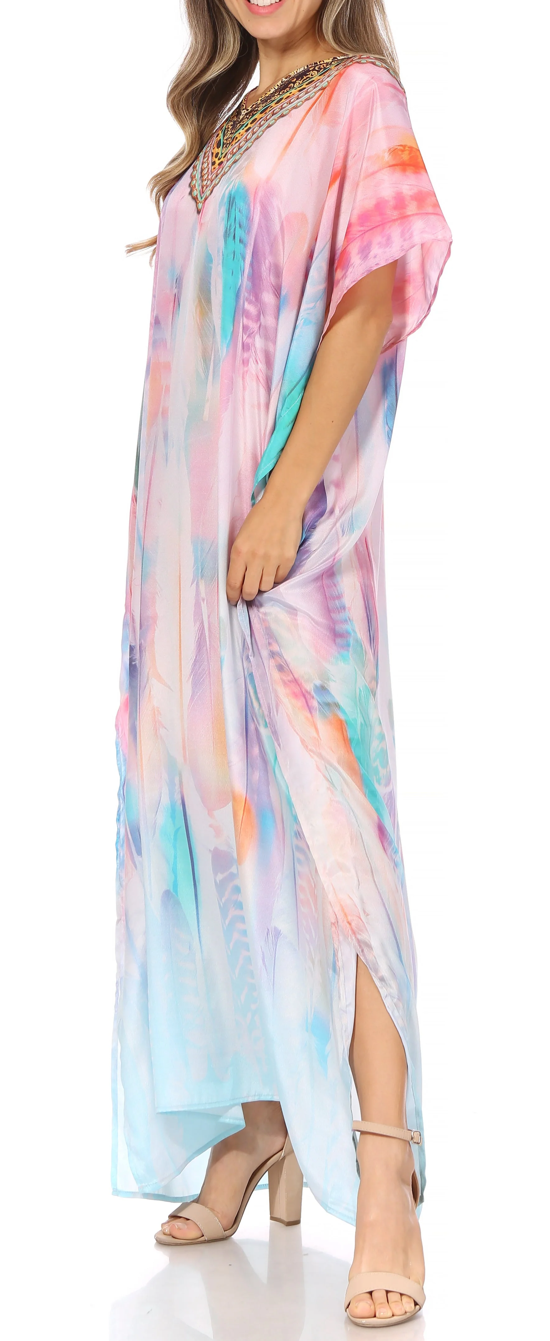 Sakkas Vicky Women's Casual Long Print Short Sleeve Petite Beach Maxi Caftan Dress - Buy One Get One Free - Image 63