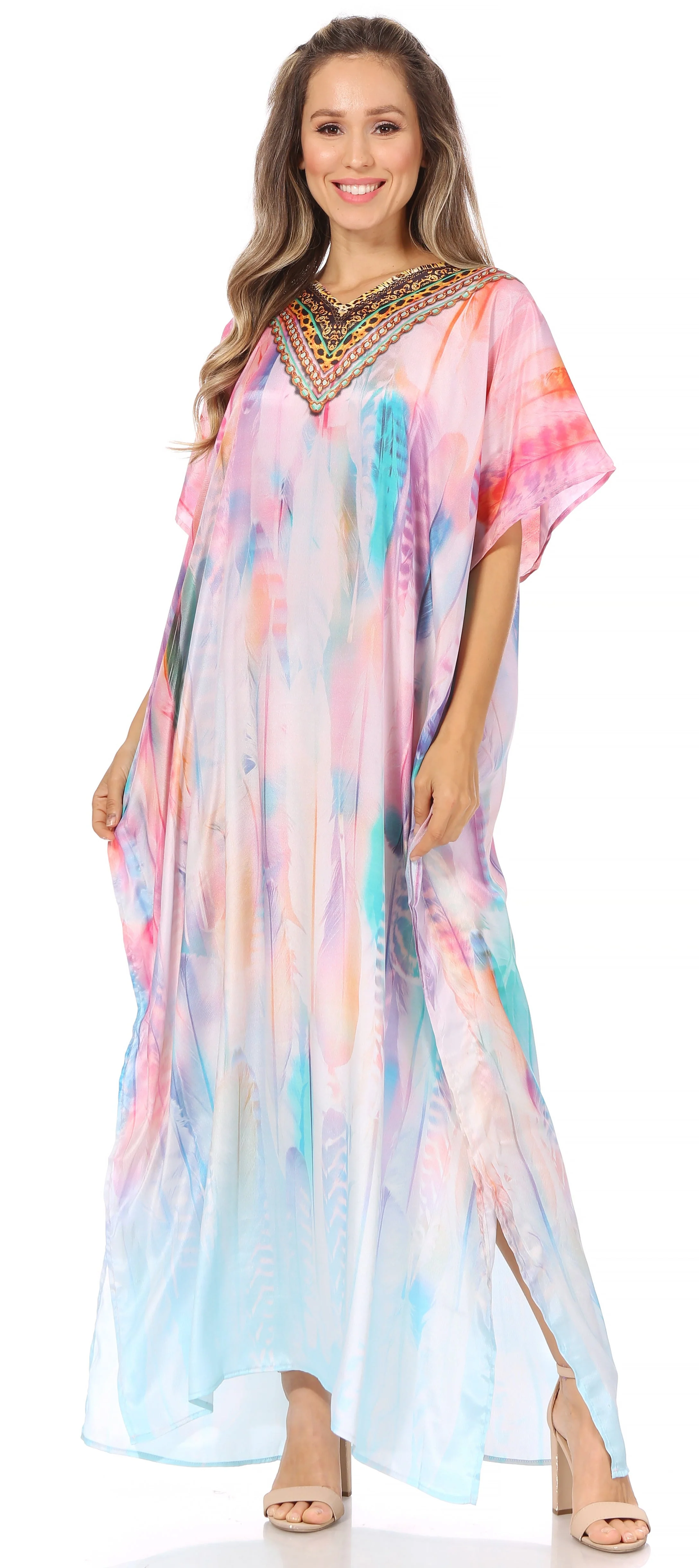 Sakkas Vicky Women's Casual Long Print Short Sleeve Petite Beach Maxi Caftan Dress - Buy One Get One Free - Image 65