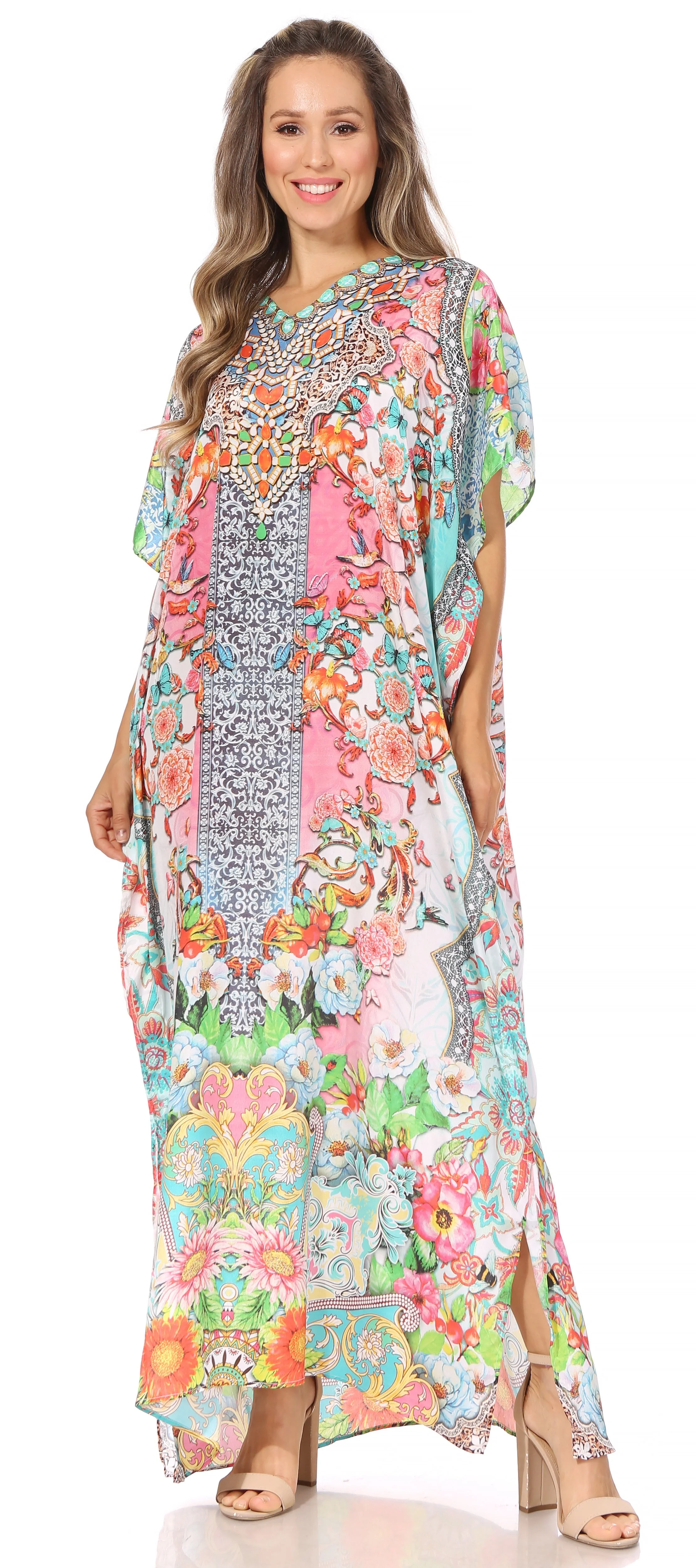 Sakkas Vicky Women's Casual Long Print Short Sleeve Petite Beach Maxi Caftan Dress - Buy One Get One Free - Image 70