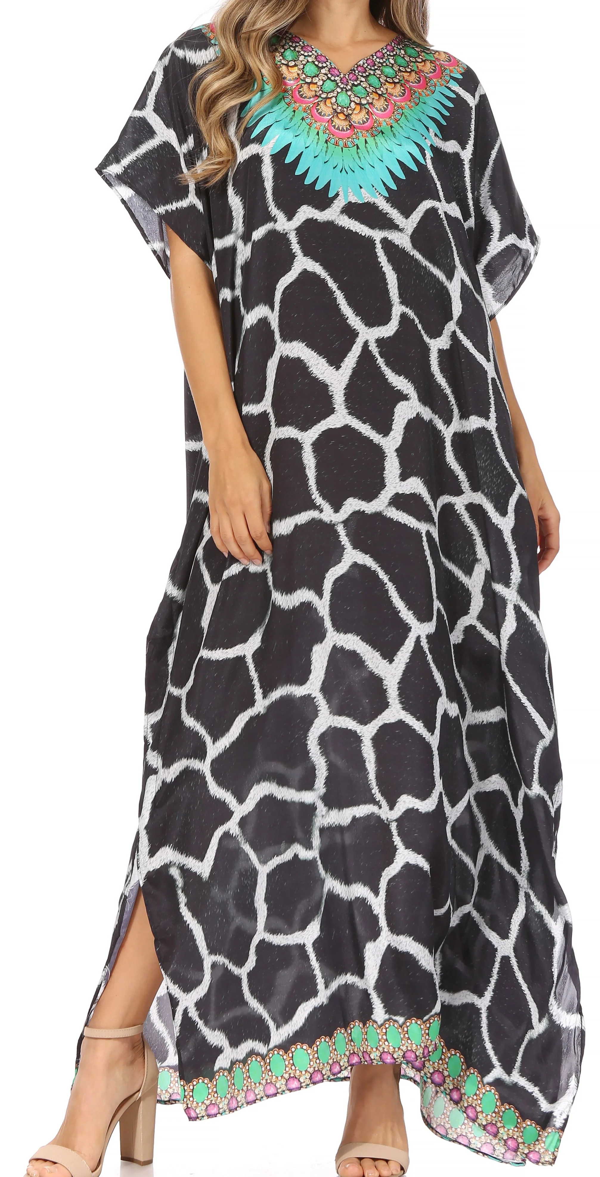 Sakkas Vicky Women's Casual Long Print Short Sleeve Petite Beach Maxi Caftan Dress - Buy One Get One Free - Image 71