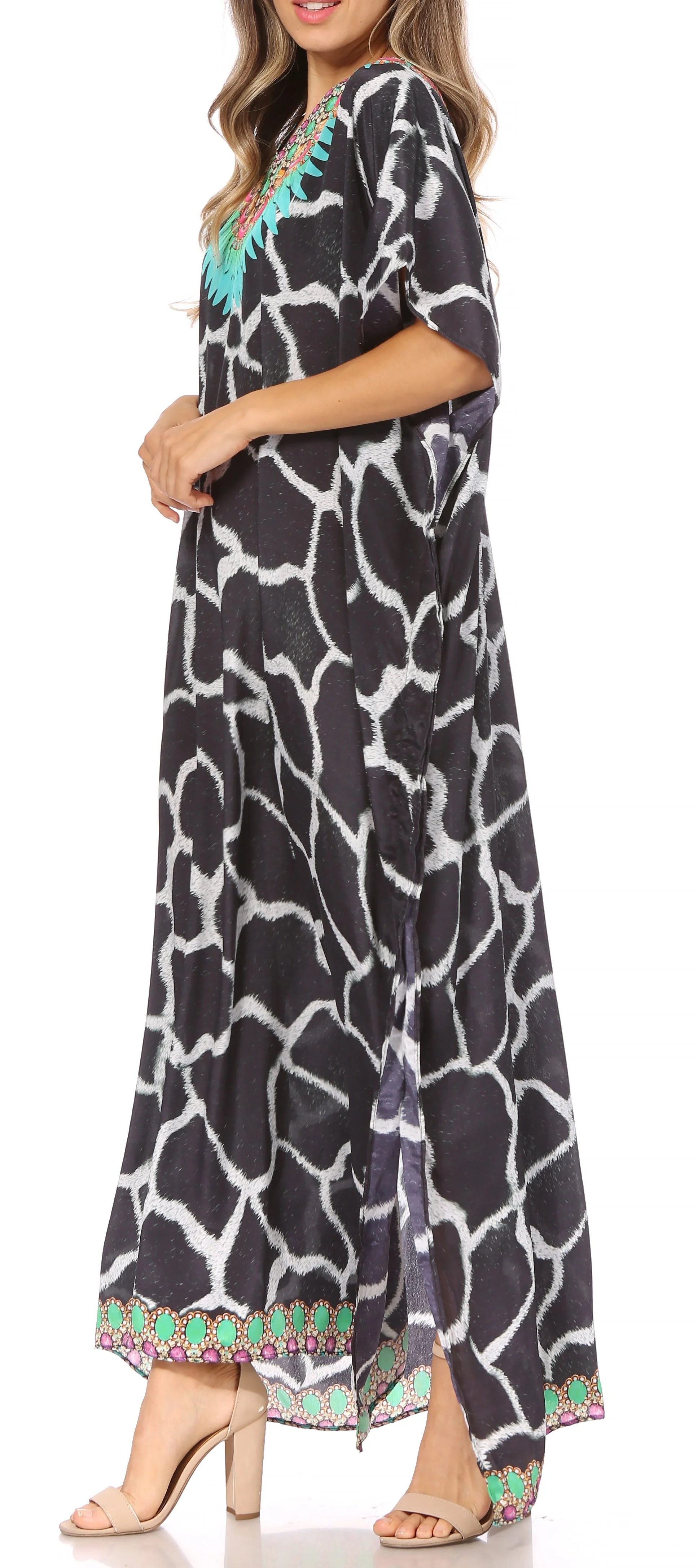 Sakkas Vicky Women's Casual Long Print Short Sleeve Petite Beach Maxi Caftan Dress - Buy One Get One Free - Image 73