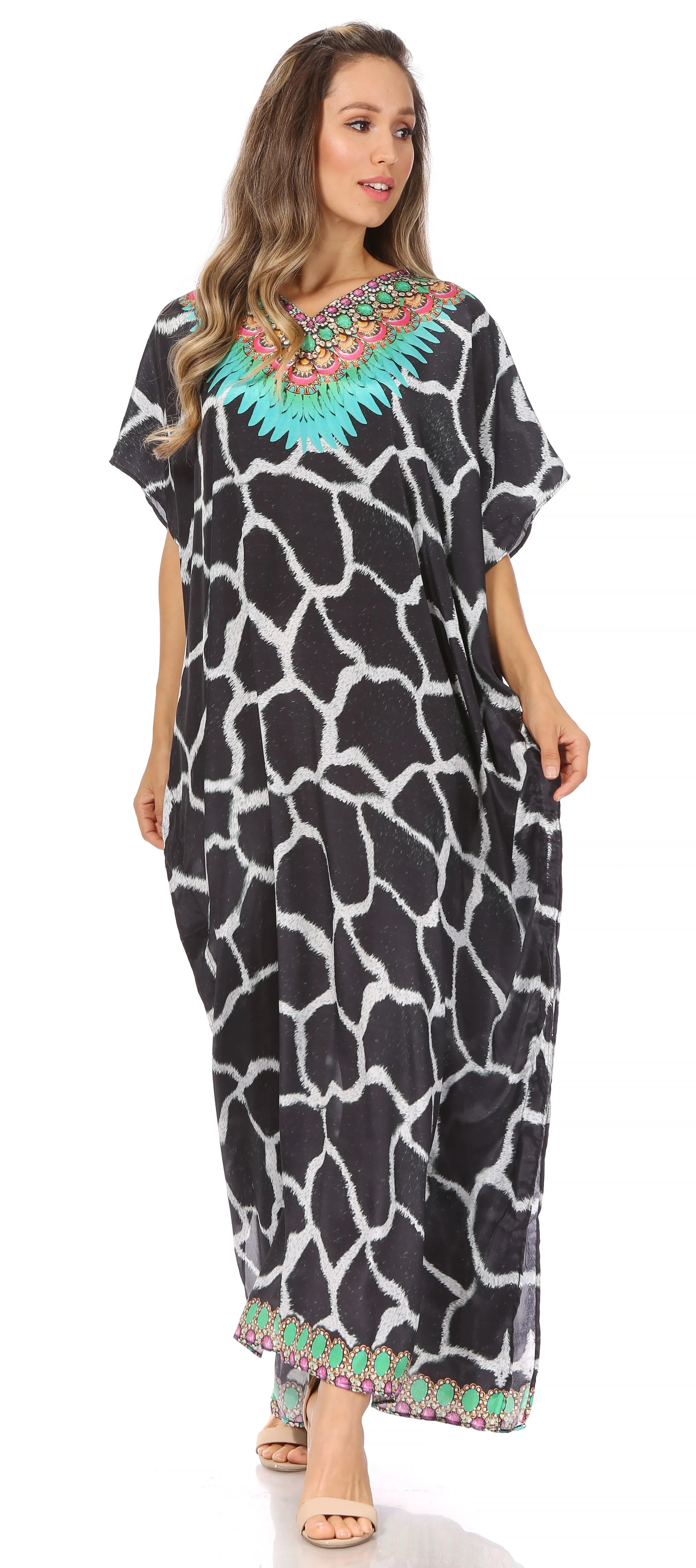 Sakkas Vicky Women's Casual Long Print Short Sleeve Petite Beach Maxi Caftan Dress - Buy One Get One Free - Image 75