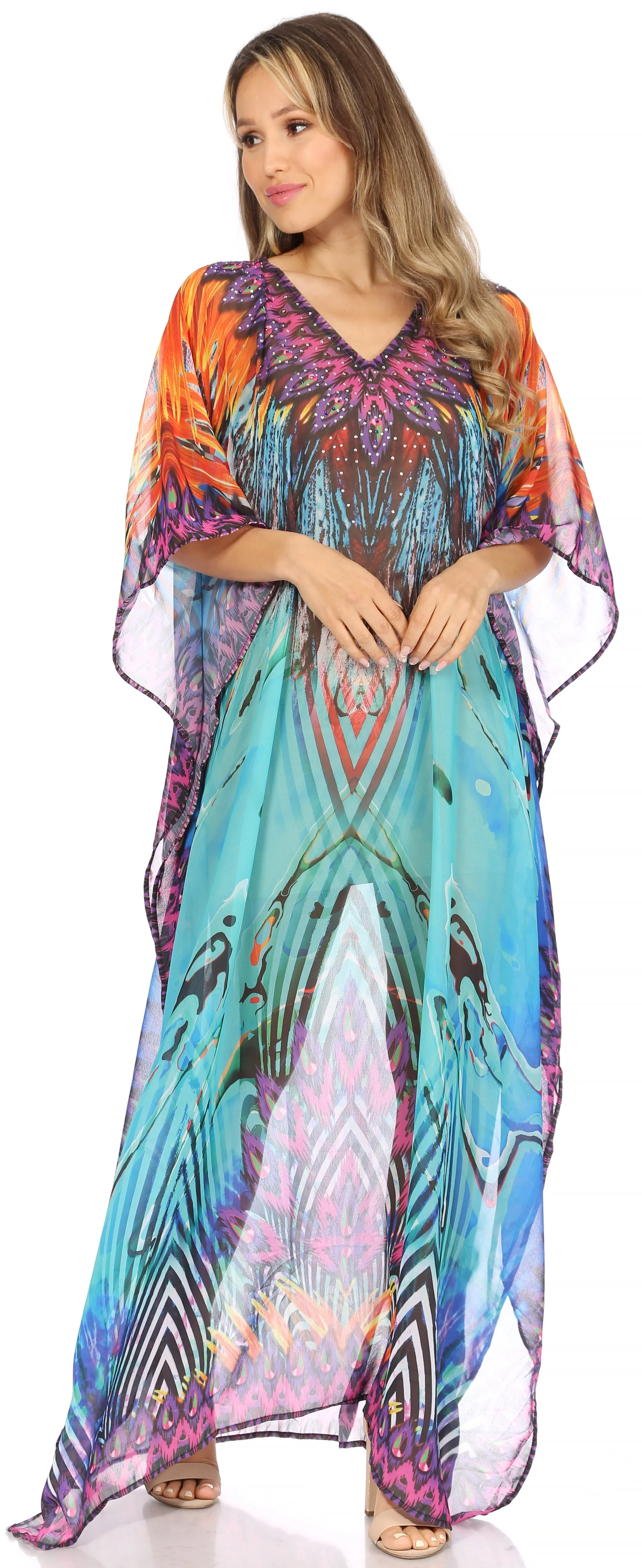 Sakkas Wilder Printed Design Long Sheer Rhinestone Caftan Dress / Cover Up - Image 10