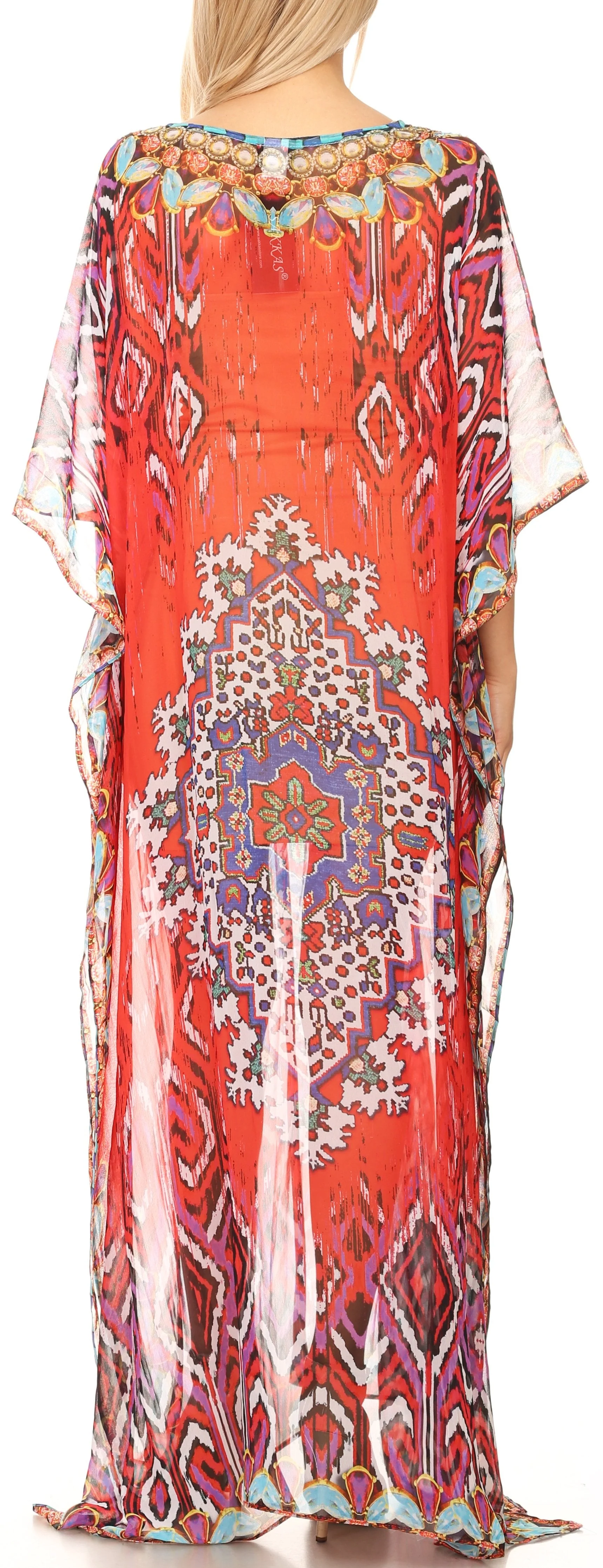 Sakkas Wilder Printed Design Long Sheer Rhinestone Caftan Dress / Cover Up - Image 102