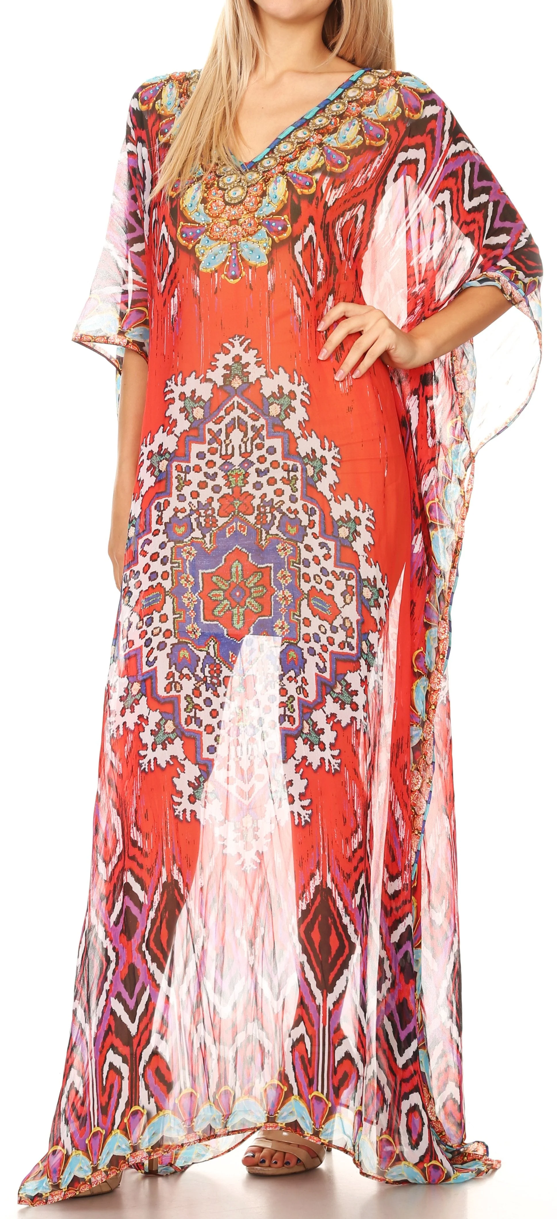 Sakkas Wilder Printed Design Long Sheer Rhinestone Caftan Dress / Cover Up - Image 104