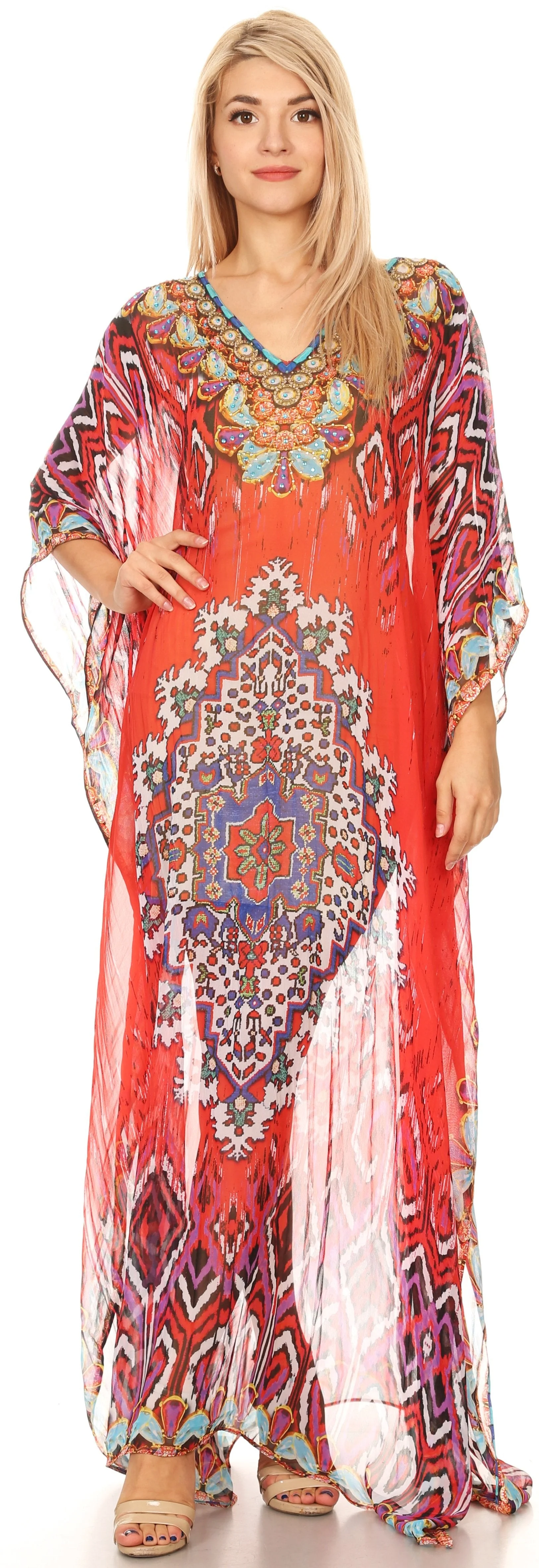 Sakkas Wilder Printed Design Long Sheer Rhinestone Caftan Dress / Cover Up - Image 105