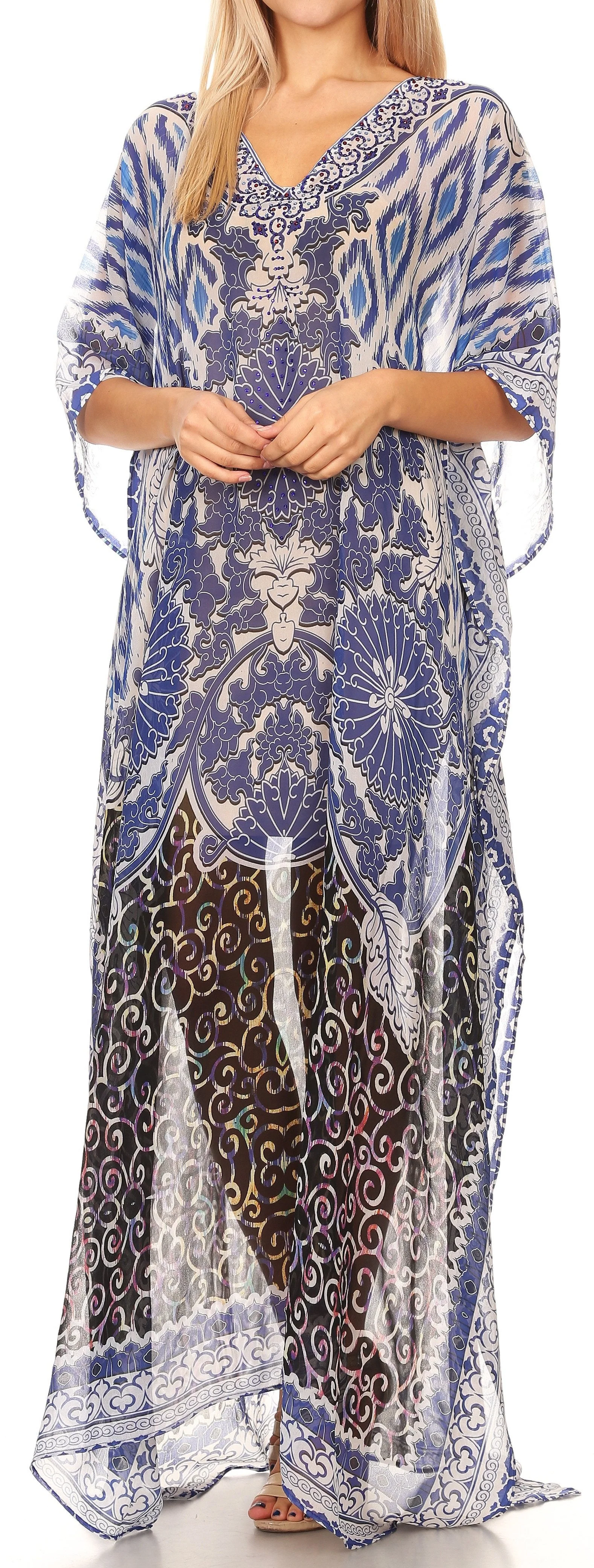 Sakkas Wilder Printed Design Long Sheer Rhinestone Caftan Dress / Cover Up - Image 109