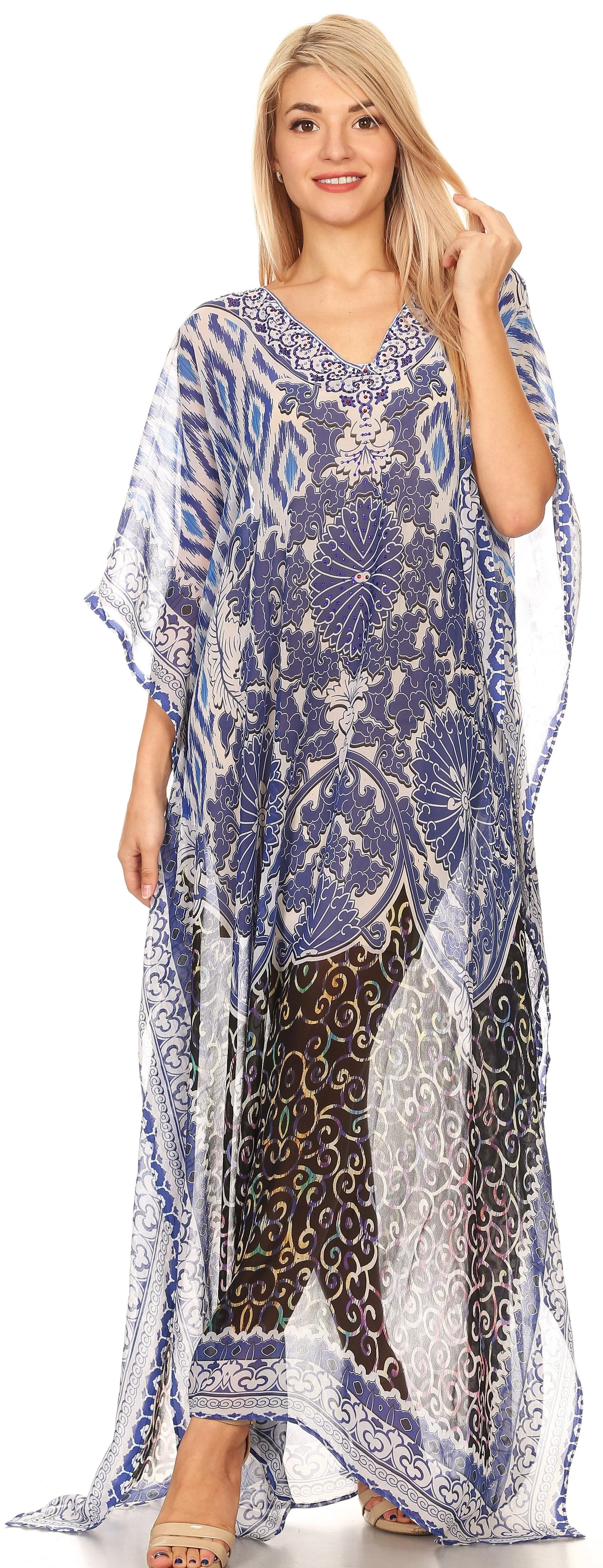 Sakkas Wilder Printed Design Long Sheer Rhinestone Caftan Dress / Cover Up - Image 110