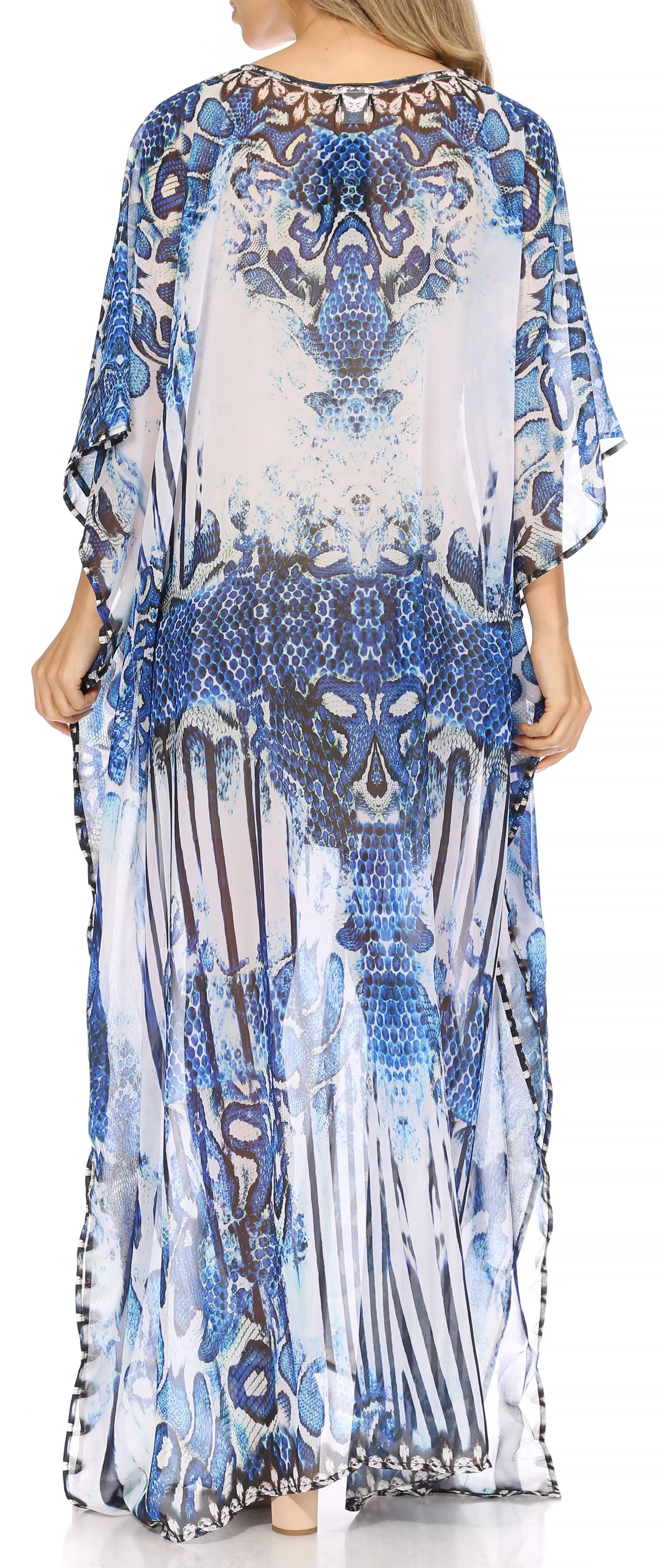 Sakkas Wilder Printed Design Long Sheer Rhinestone Caftan Dress / Cover Up - Image 112