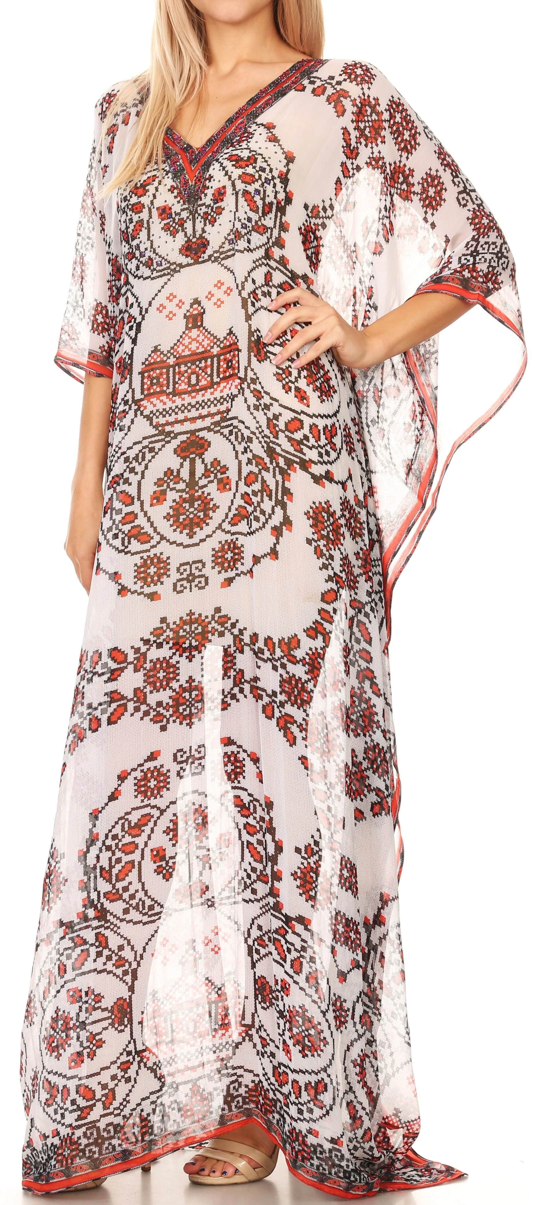 Sakkas Wilder Printed Design Long Sheer Rhinestone Caftan Dress / Cover Up - Image 119