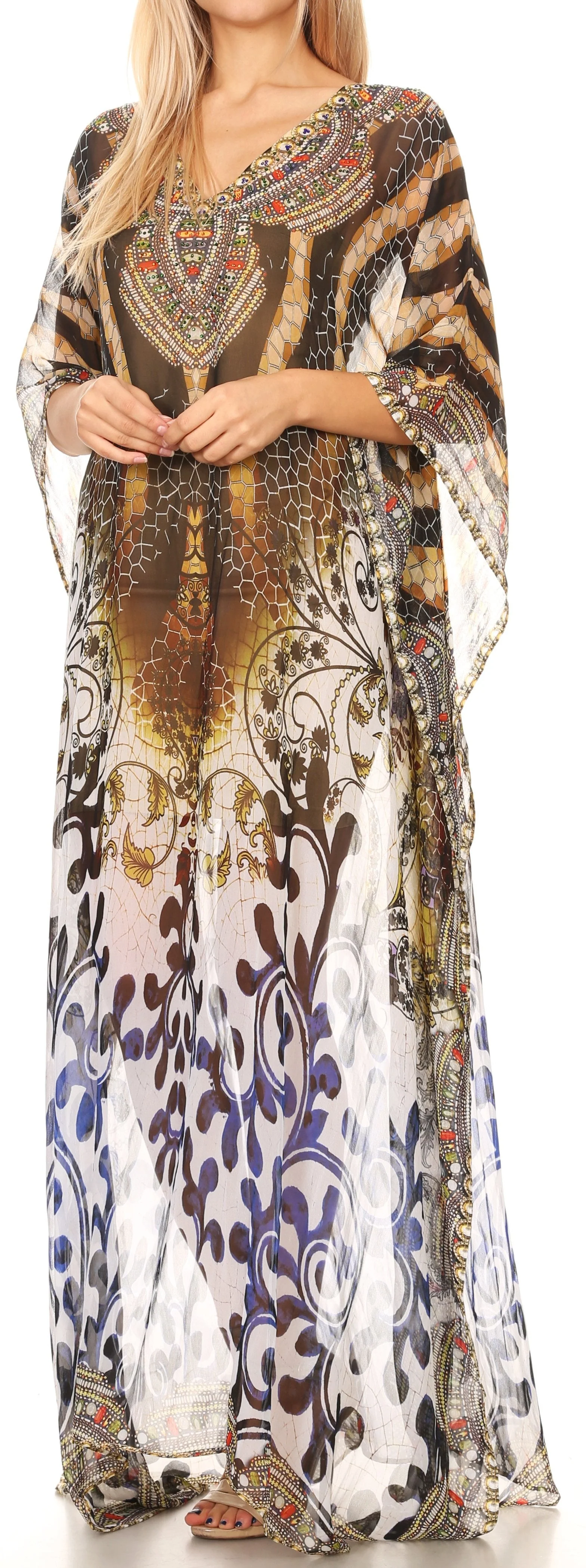 Sakkas Wilder Printed Design Long Sheer Rhinestone Caftan Dress / Cover Up - Image 124