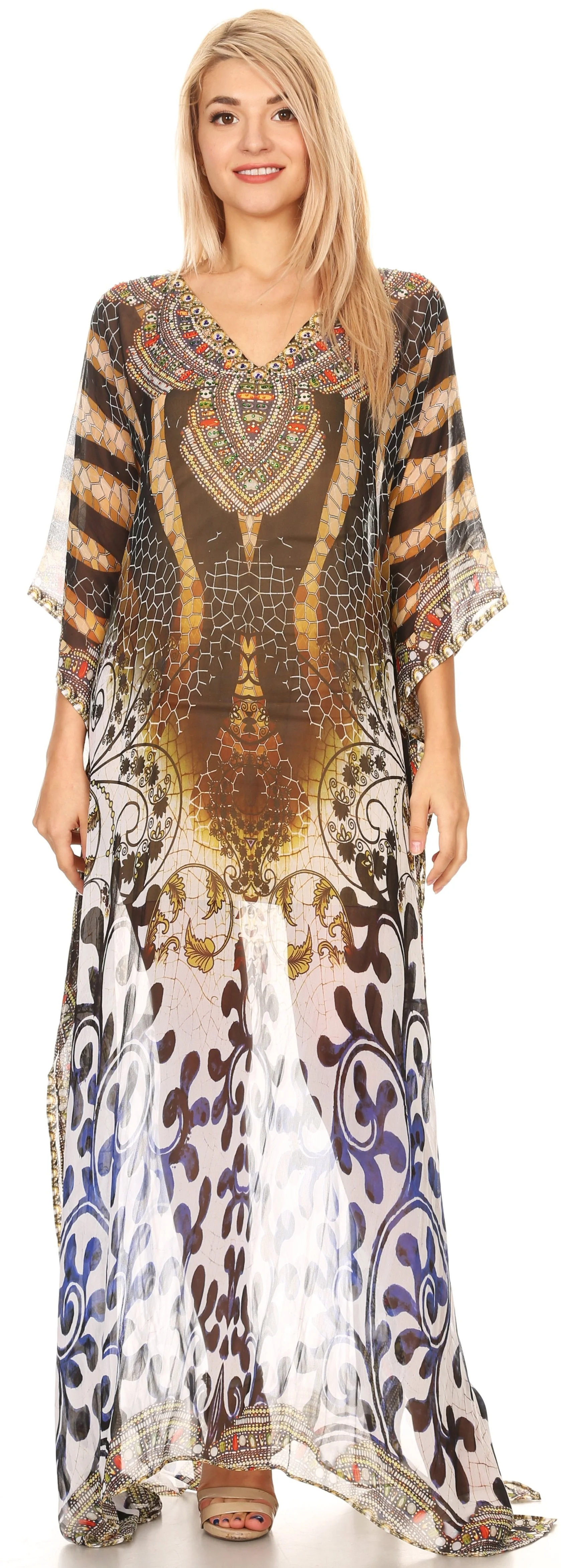 Sakkas Wilder Printed Design Long Sheer Rhinestone Caftan Dress / Cover Up - Image 125
