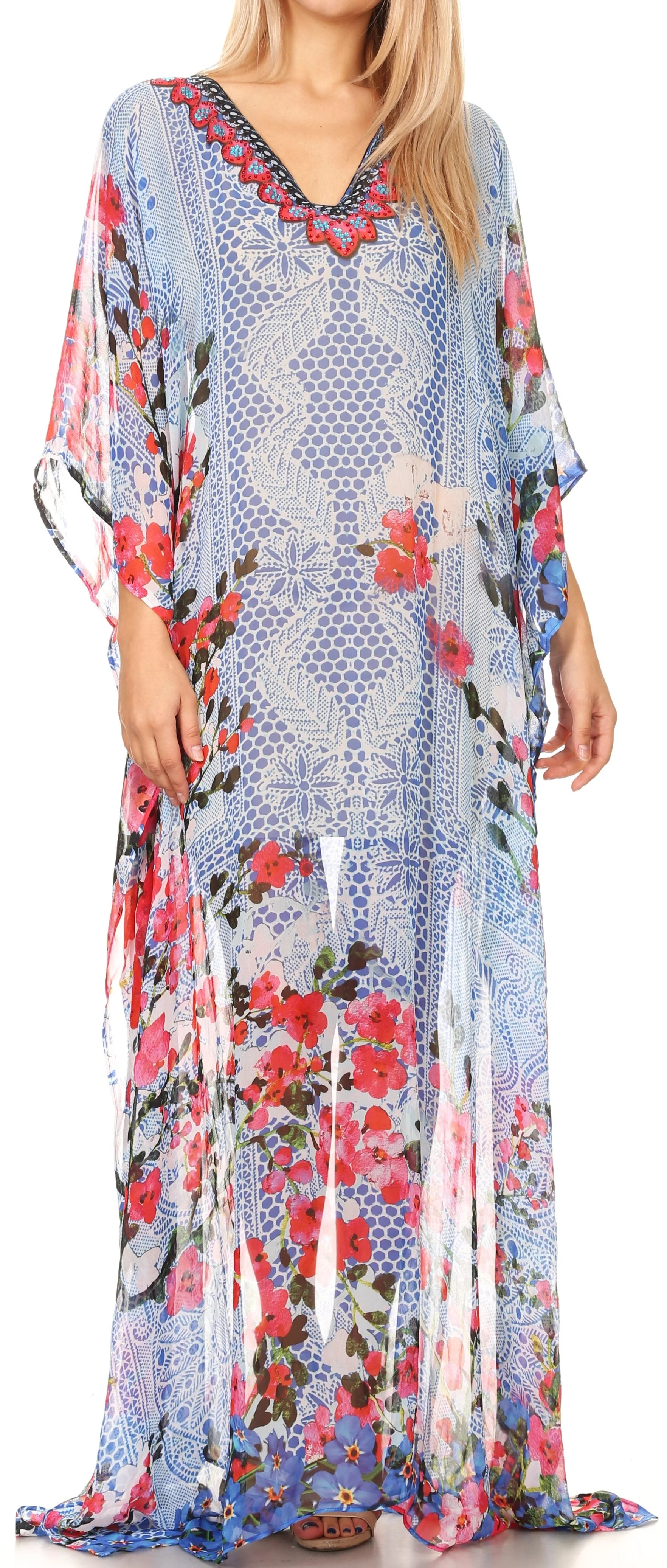 Sakkas Wilder Printed Design Long Sheer Rhinestone Caftan Dress / Cover Up - Image 126