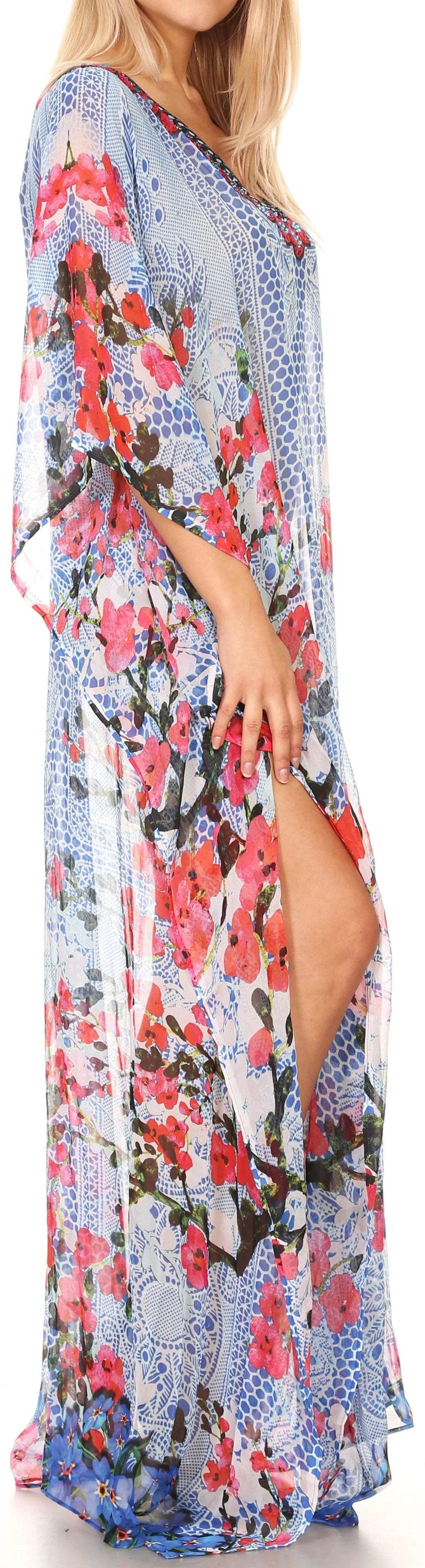 Sakkas Wilder Printed Design Long Sheer Rhinestone Caftan Dress / Cover Up - Image 128