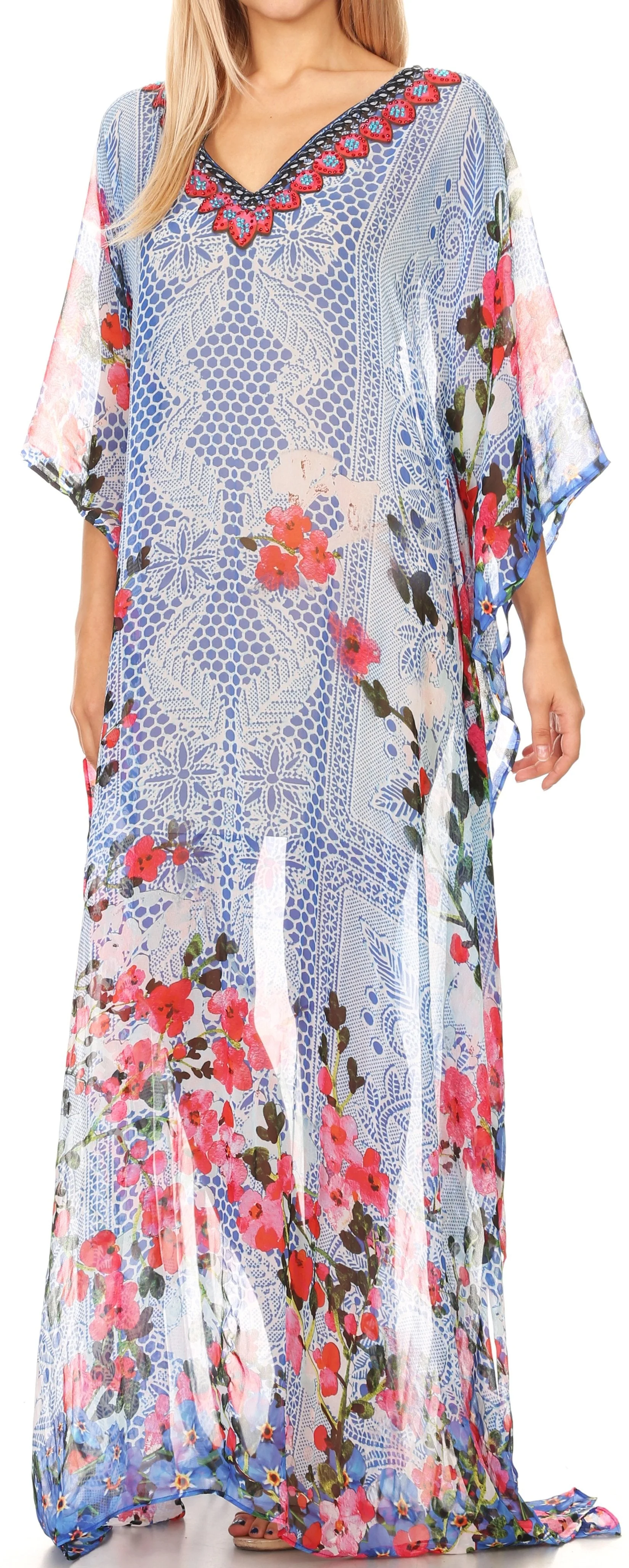 Sakkas Wilder Printed Design Long Sheer Rhinestone Caftan Dress / Cover Up - Image 129