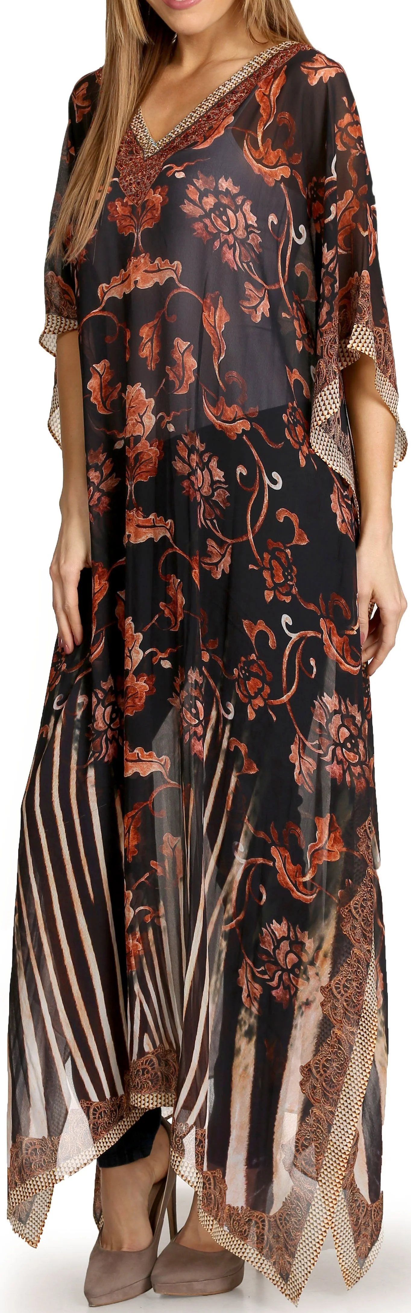 Sakkas Wilder Printed Design Long Sheer Rhinestone Caftan Dress / Cover Up - Image 13