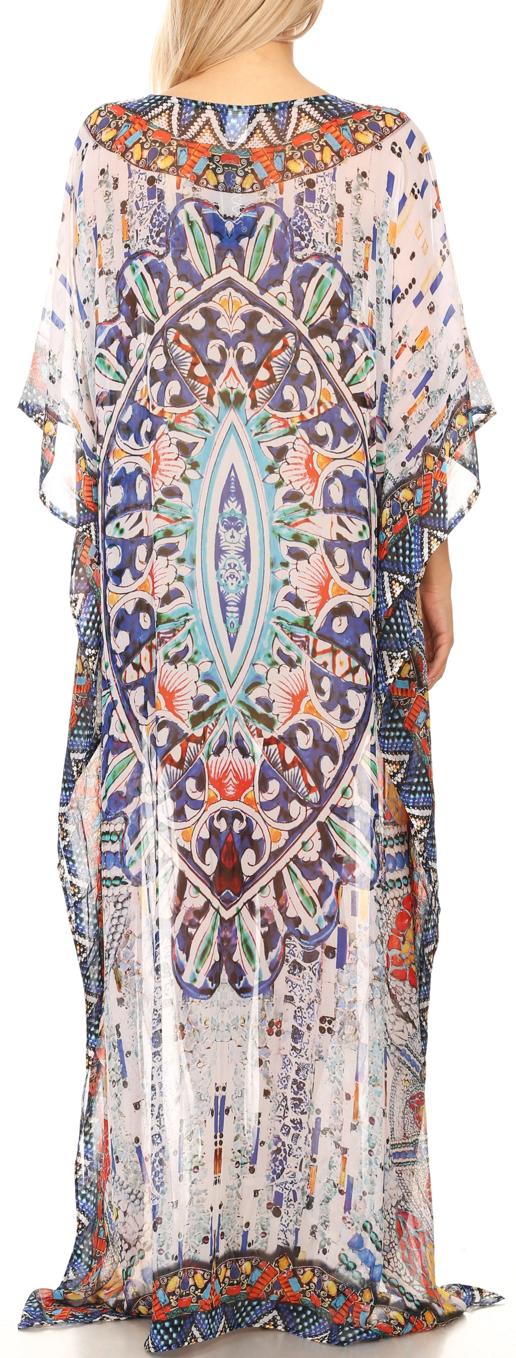 Sakkas Wilder Printed Design Long Sheer Rhinestone Caftan Dress / Cover Up - Image 132