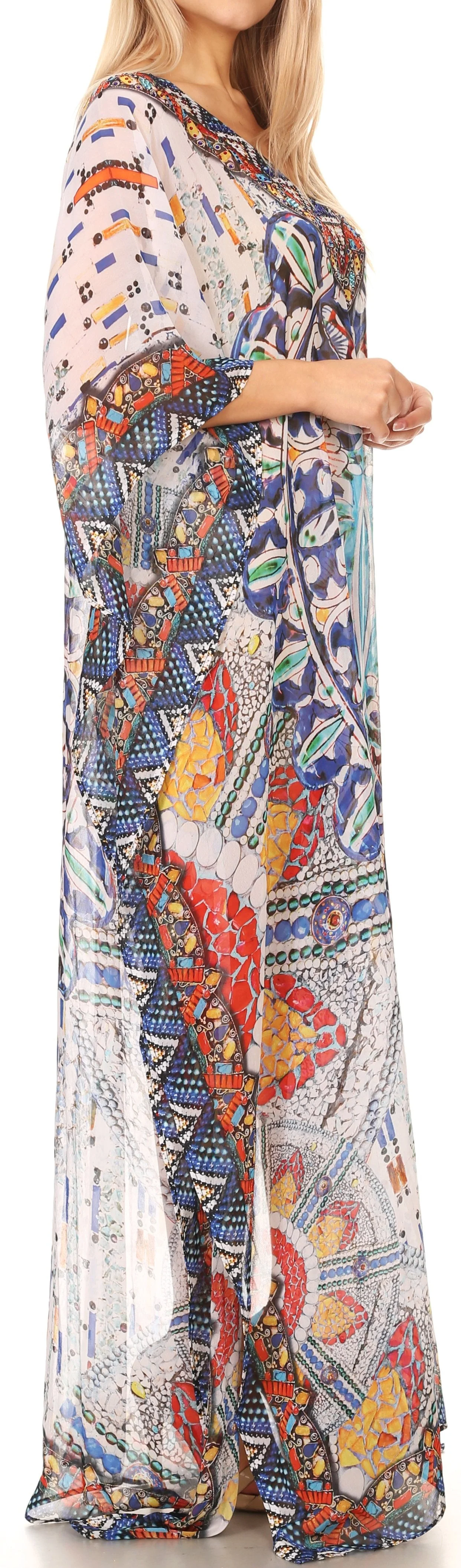 Sakkas Wilder Printed Design Long Sheer Rhinestone Caftan Dress / Cover Up - Image 133