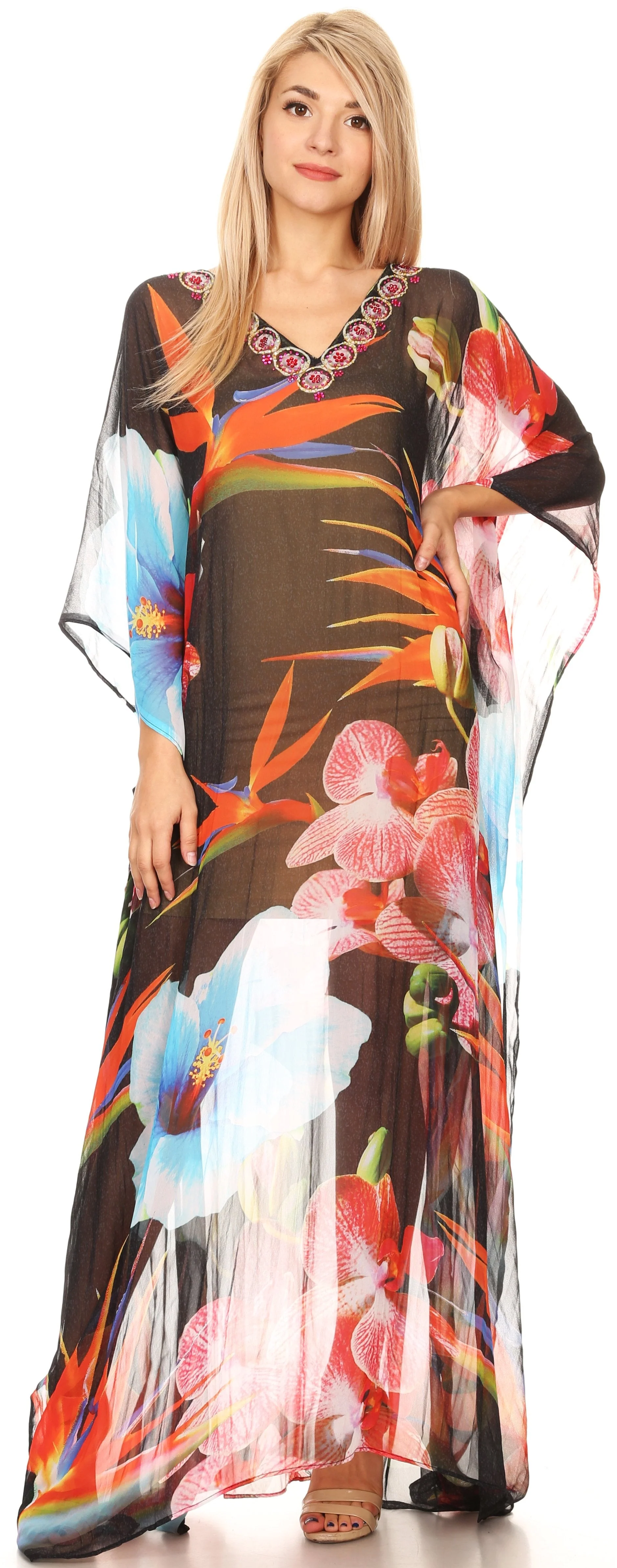 Sakkas Wilder Printed Design Long Sheer Rhinestone Caftan Dress / Cover Up - Image 140