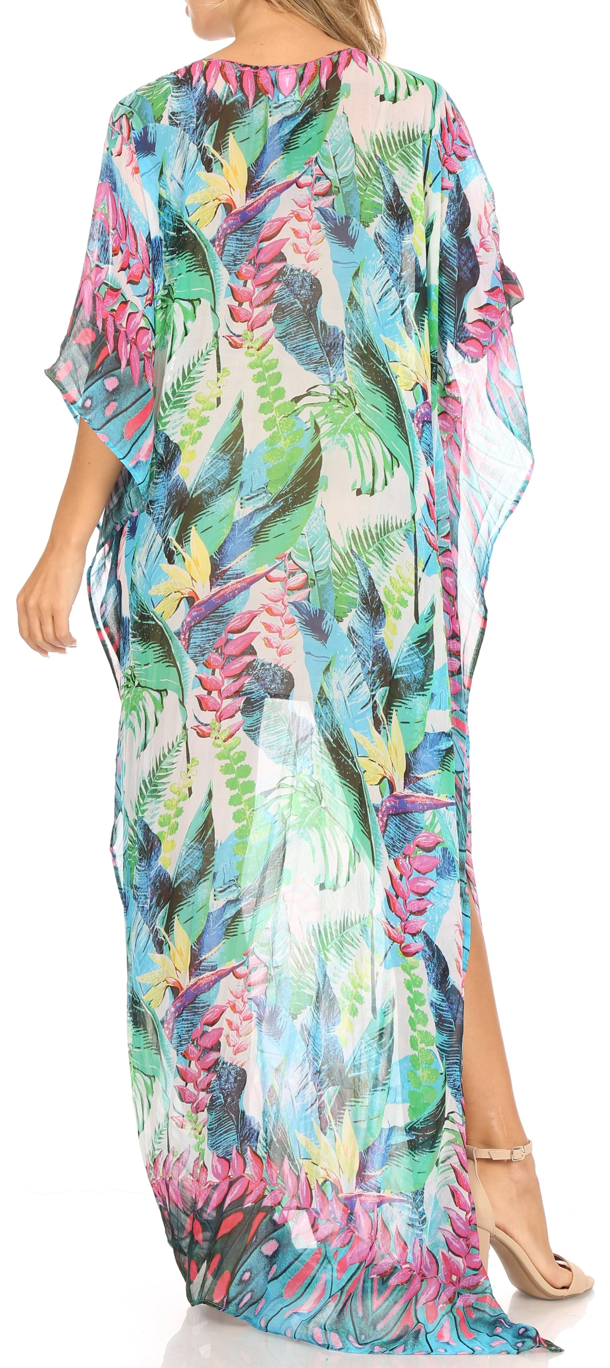 Sakkas Wilder Printed Design Long Sheer Rhinestone Caftan Dress / Cover Up - Image 147