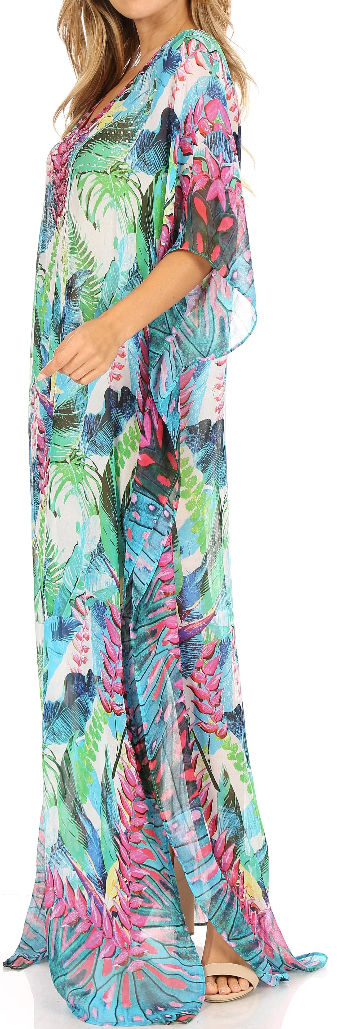 Sakkas Wilder Printed Design Long Sheer Rhinestone Caftan Dress / Cover Up - Image 148