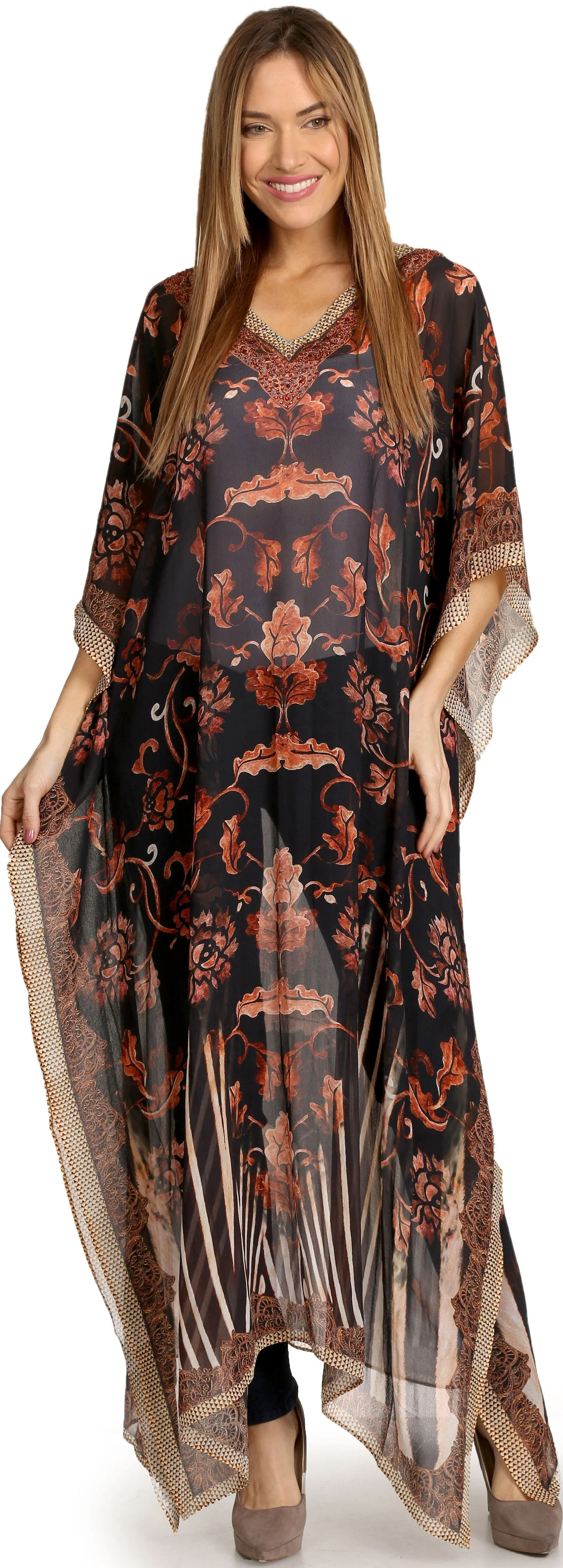 Sakkas Wilder Printed Design Long Sheer Rhinestone Caftan Dress / Cover Up - Image 15