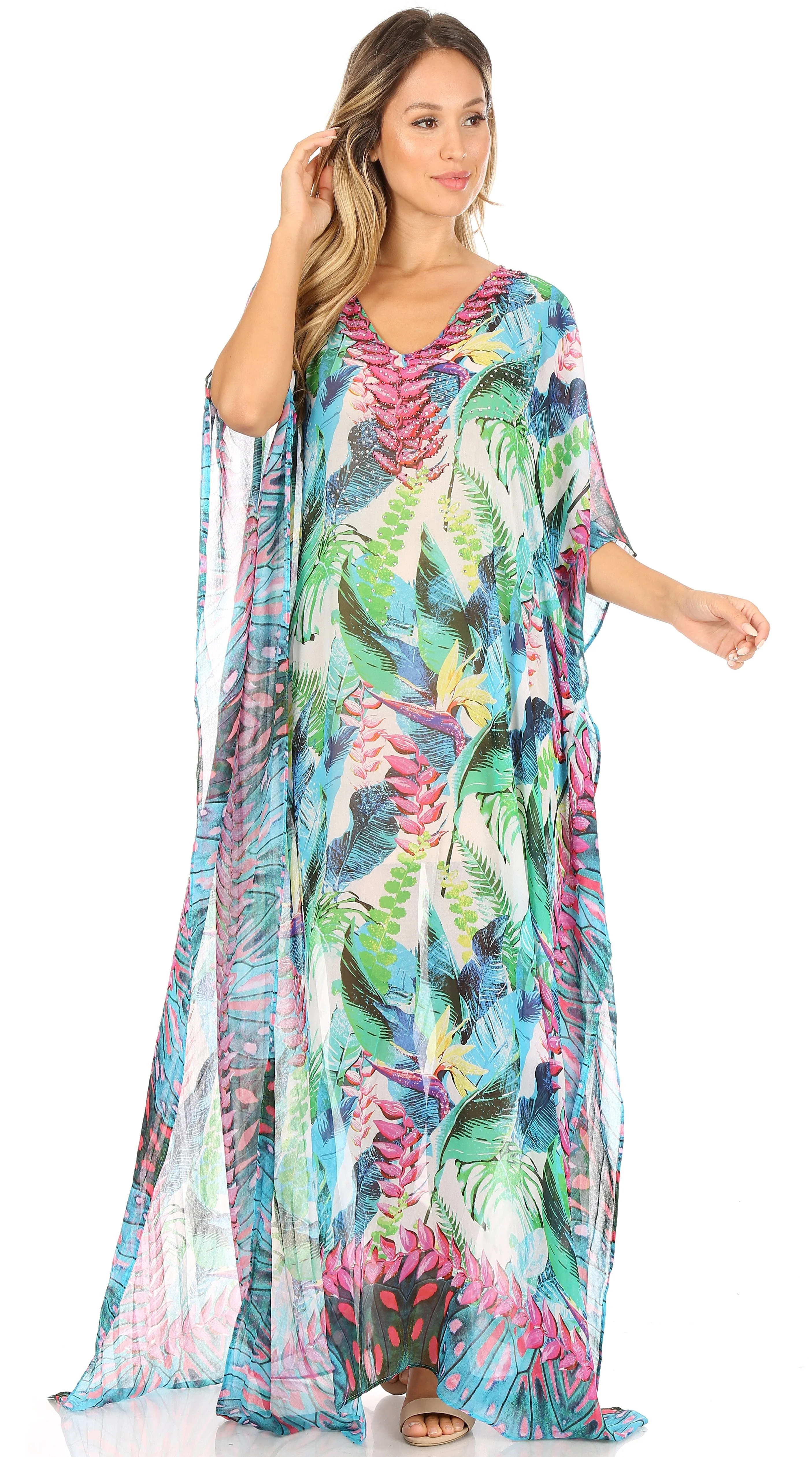 Sakkas Wilder Printed Design Long Sheer Rhinestone Caftan Dress / Cover Up - Image 150