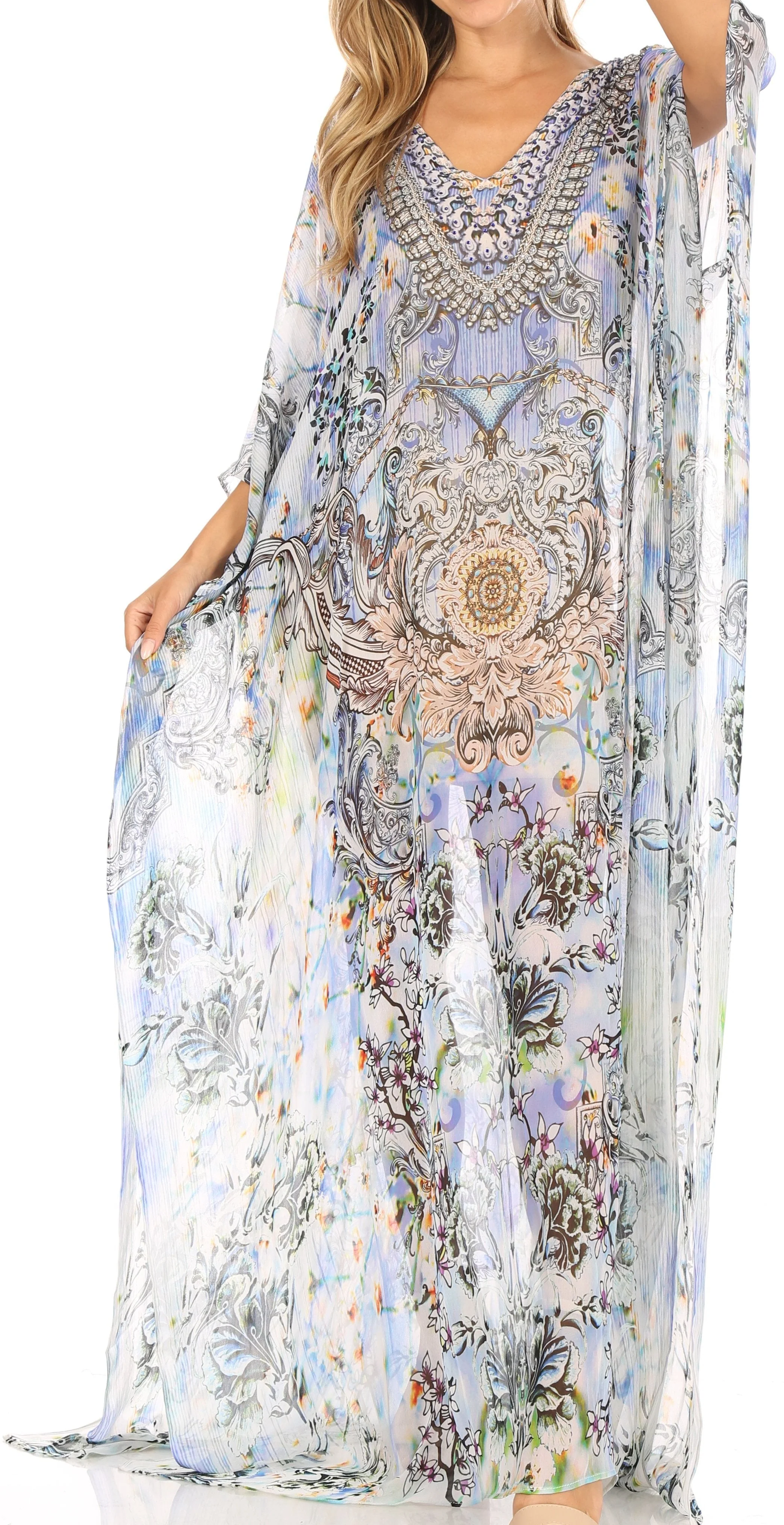 Sakkas Wilder Printed Design Long Sheer Rhinestone Caftan Dress / Cover Up - Image 156