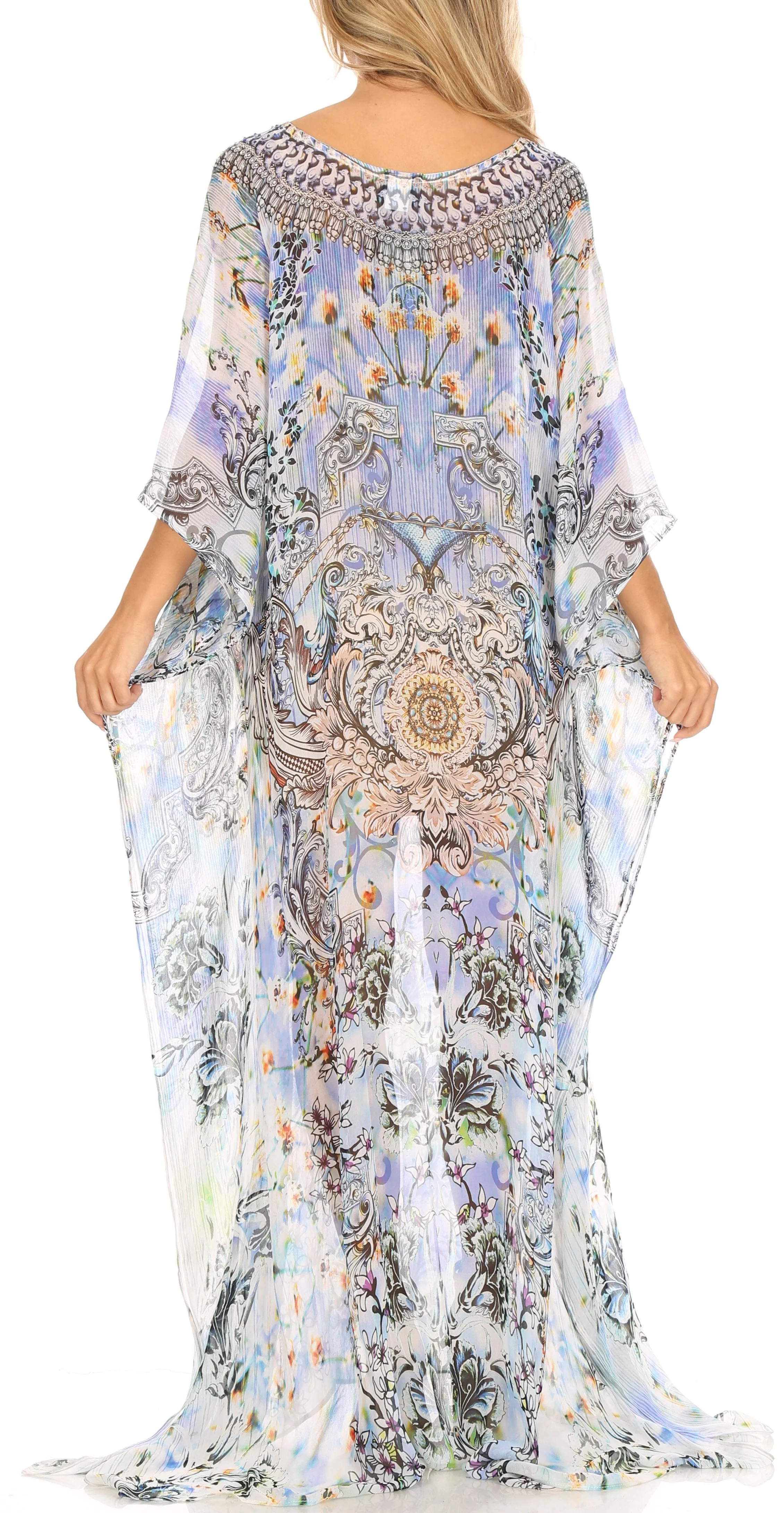 Sakkas Wilder Printed Design Long Sheer Rhinestone Caftan Dress / Cover Up - Image 157