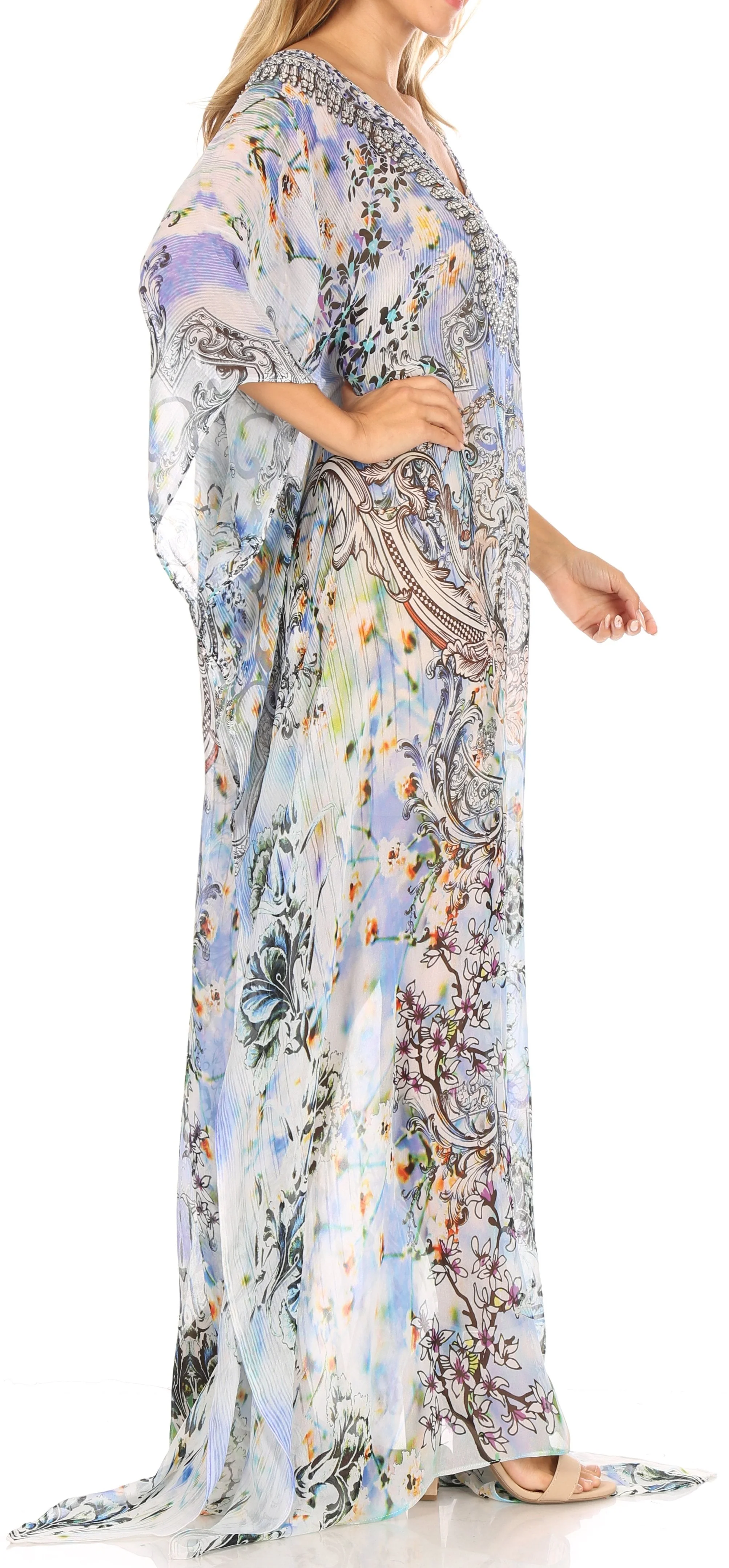 Sakkas Wilder Printed Design Long Sheer Rhinestone Caftan Dress / Cover Up - Image 159