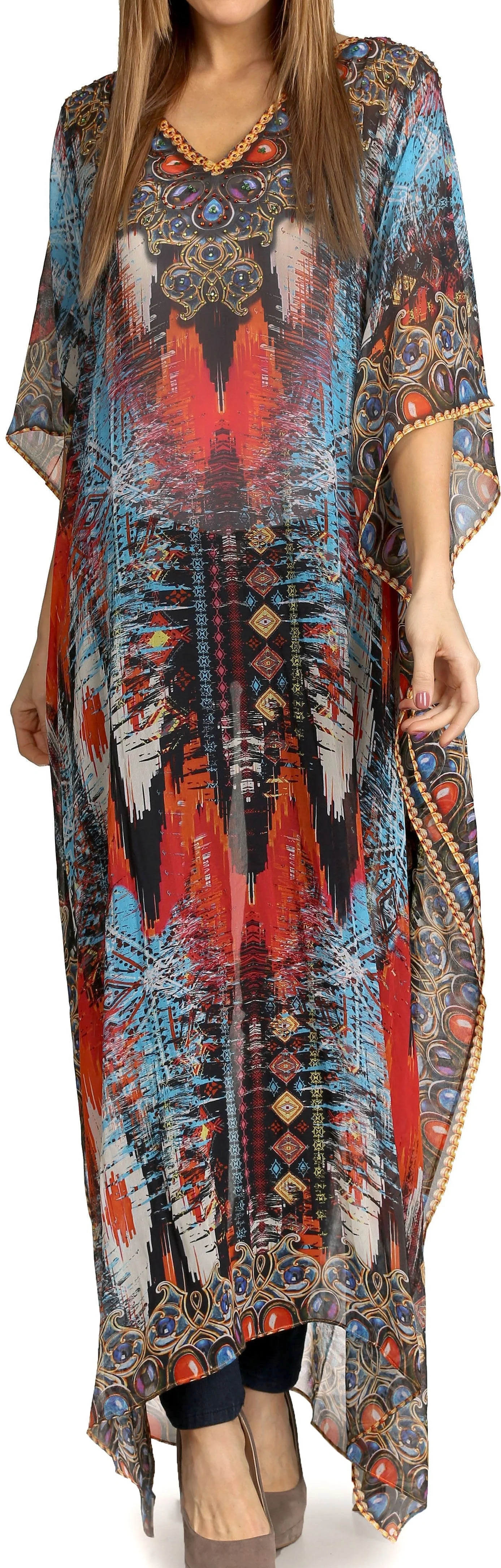 Sakkas Wilder Printed Design Long Sheer Rhinestone Caftan Dress / Cover Up - Image 16