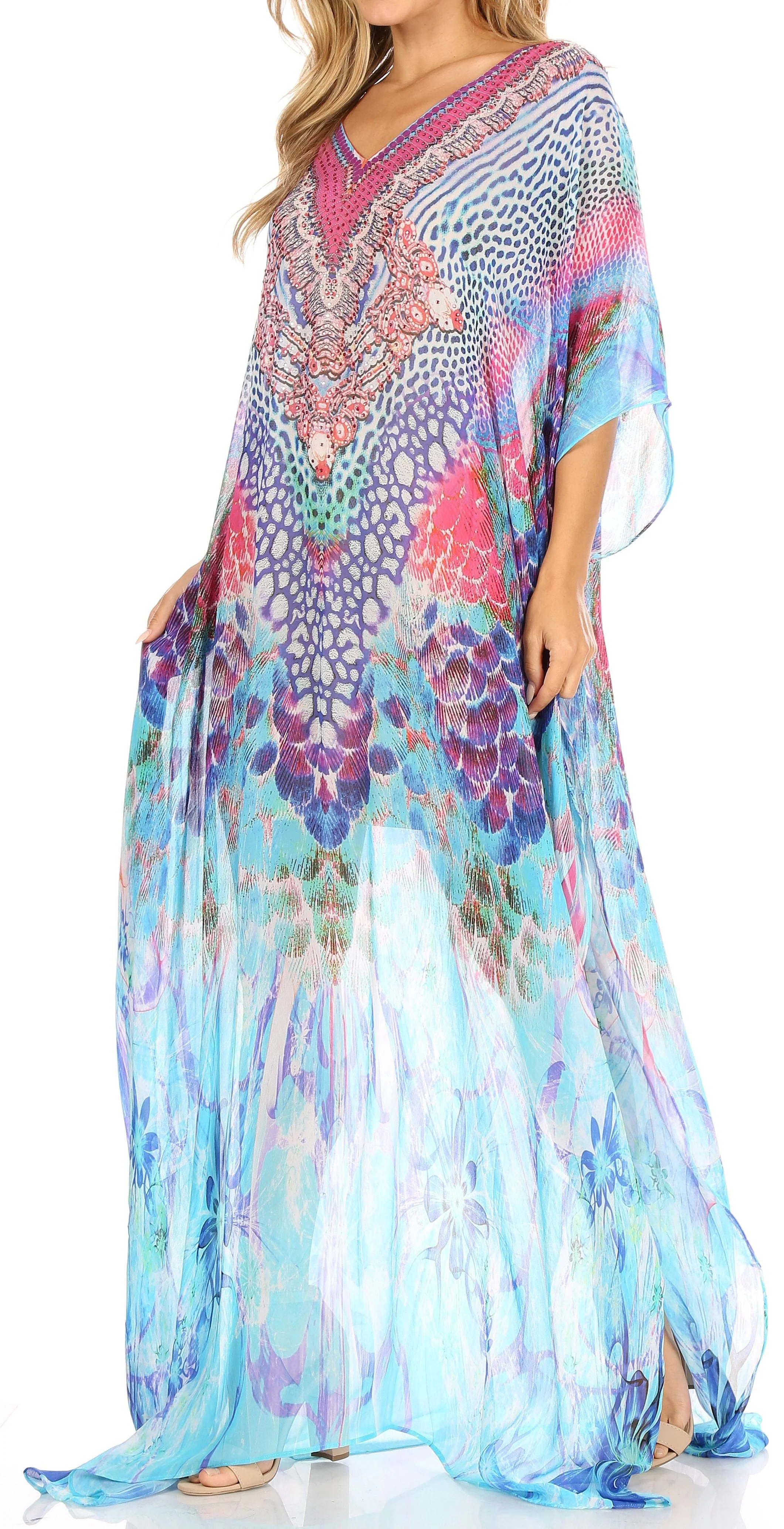 Sakkas Wilder Printed Design Long Sheer Rhinestone Caftan Dress / Cover Up - Image 168