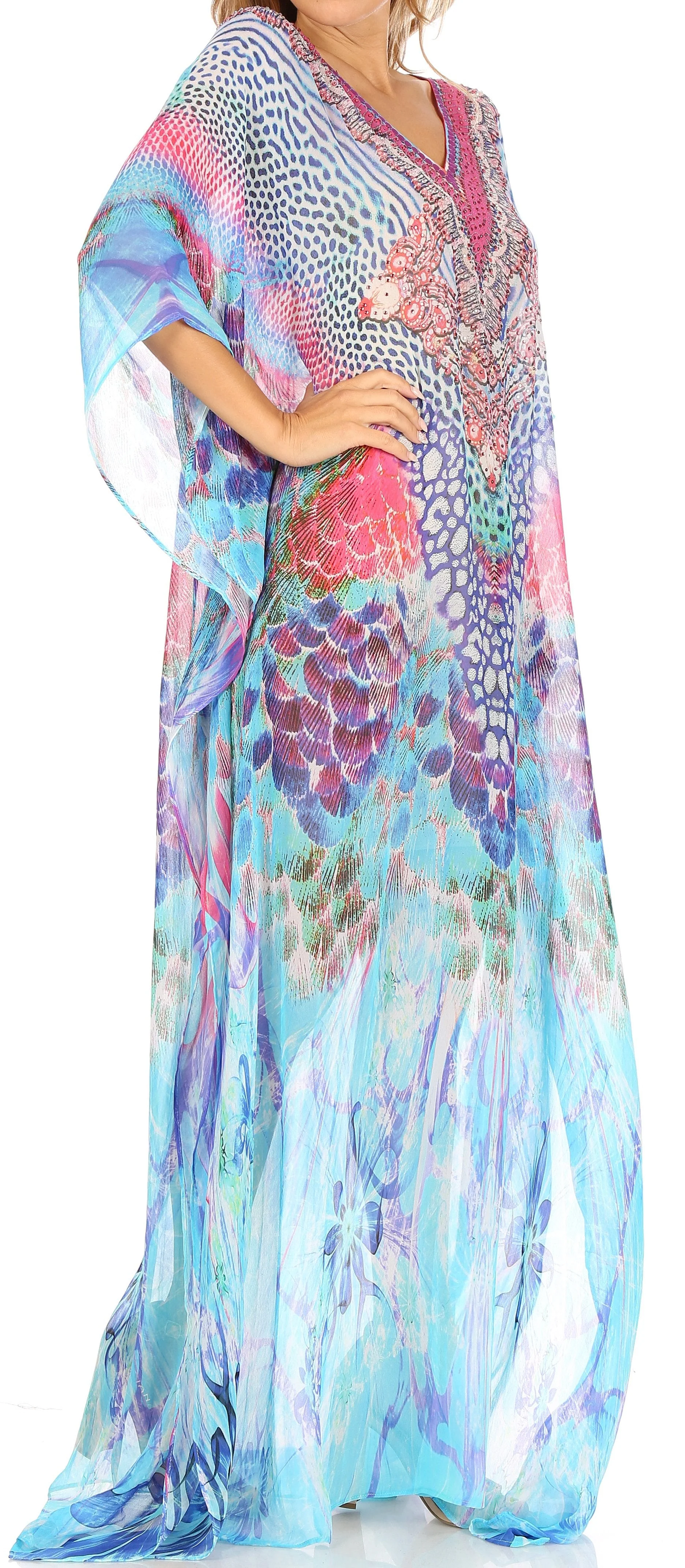 Sakkas Wilder Printed Design Long Sheer Rhinestone Caftan Dress / Cover Up - Image 169