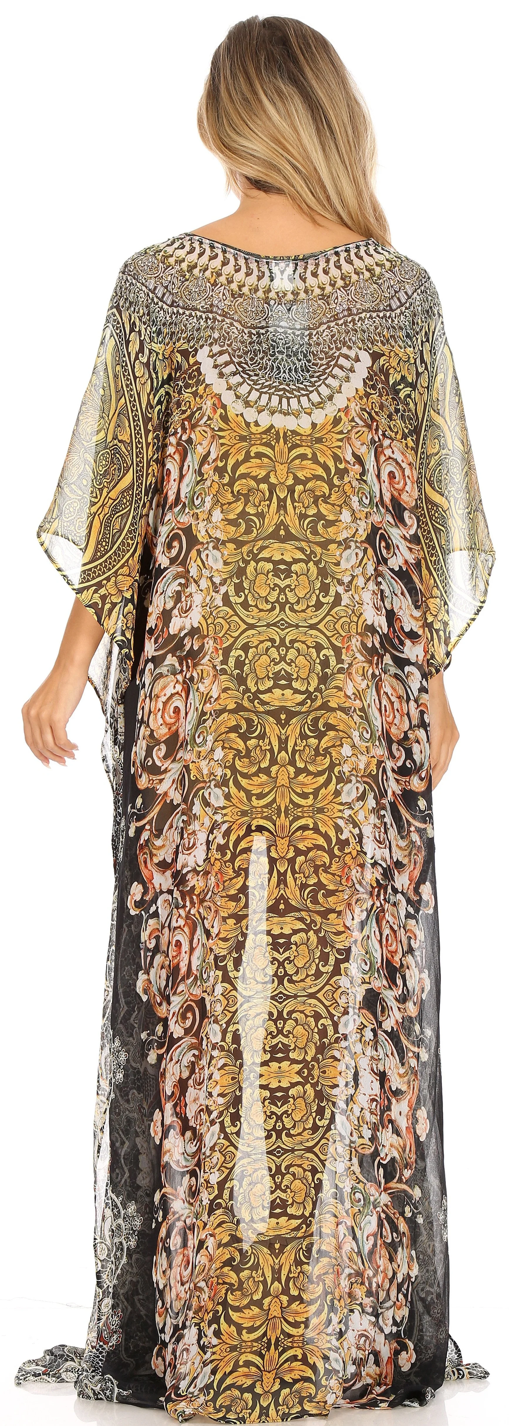 Sakkas Wilder Printed Design Long Sheer Rhinestone Caftan Dress / Cover Up - Image 172