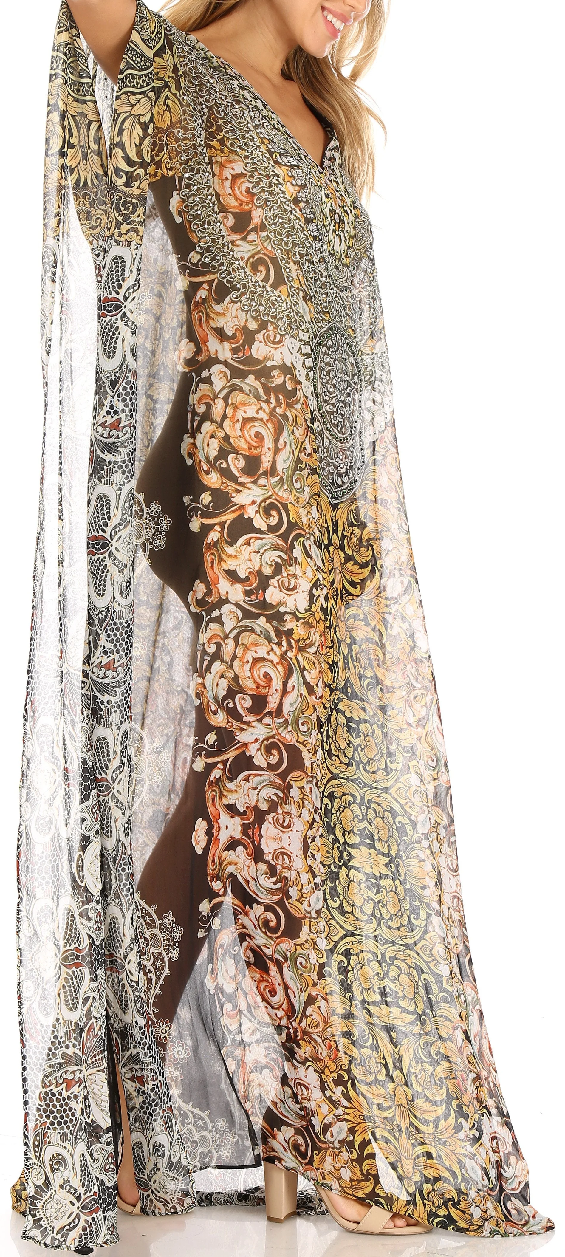 Sakkas Wilder Printed Design Long Sheer Rhinestone Caftan Dress / Cover Up - Image 174