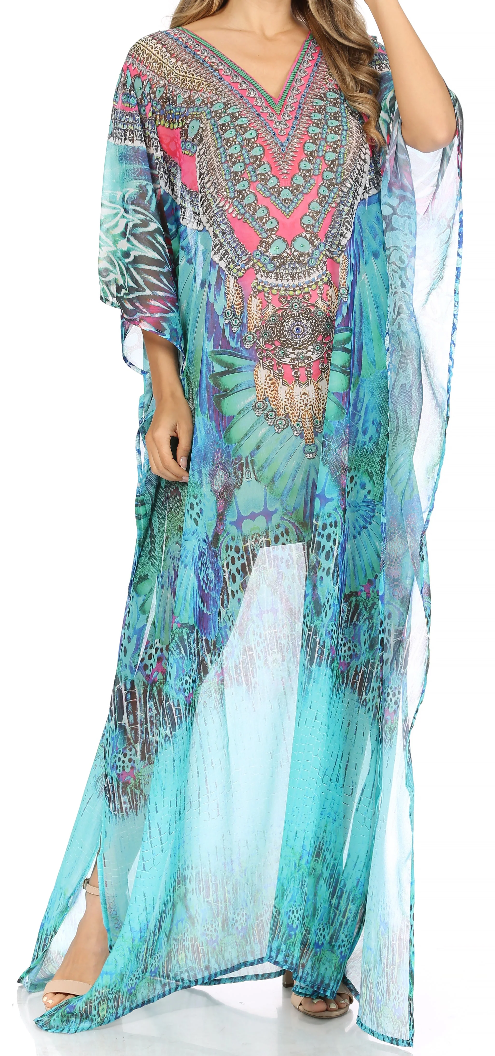 Sakkas Wilder Printed Design Long Sheer Rhinestone Caftan Dress / Cover Up - Image 176