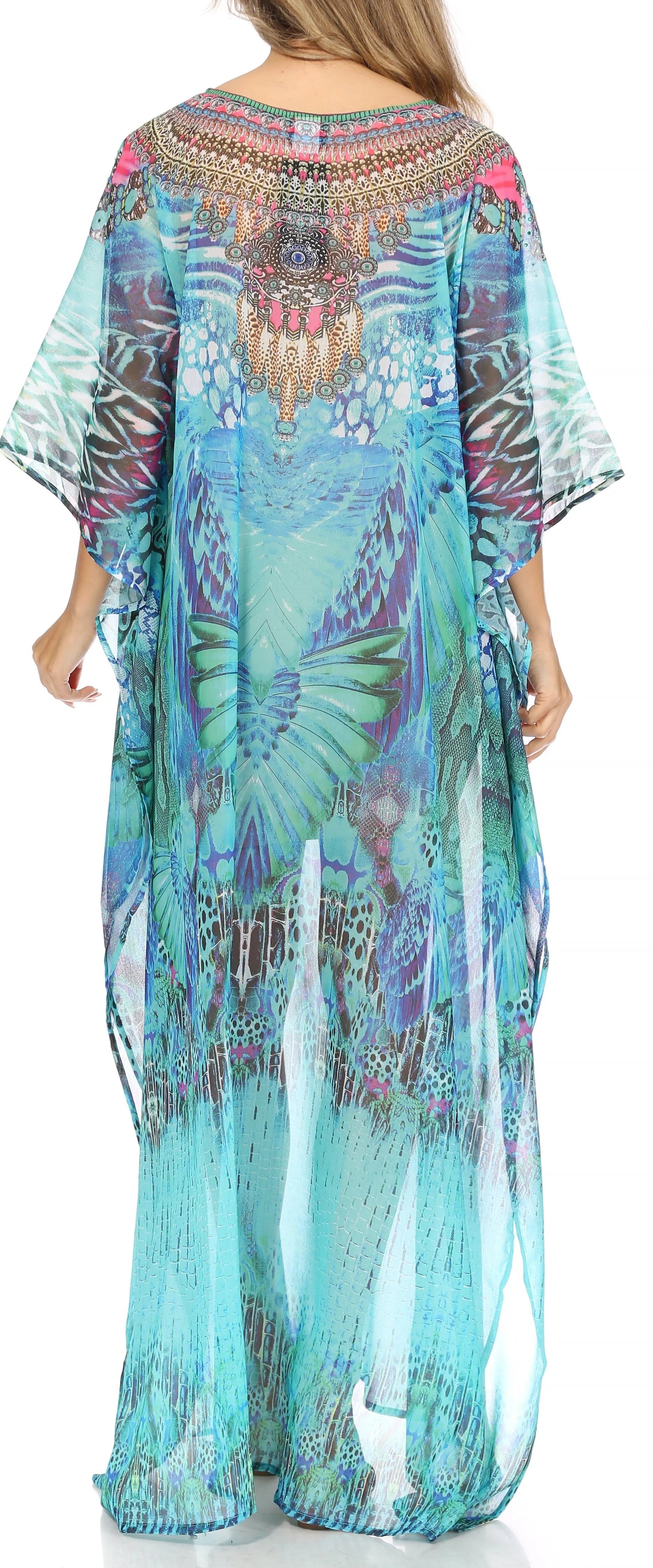 Sakkas Wilder Printed Design Long Sheer Rhinestone Caftan Dress / Cover Up - Image 177