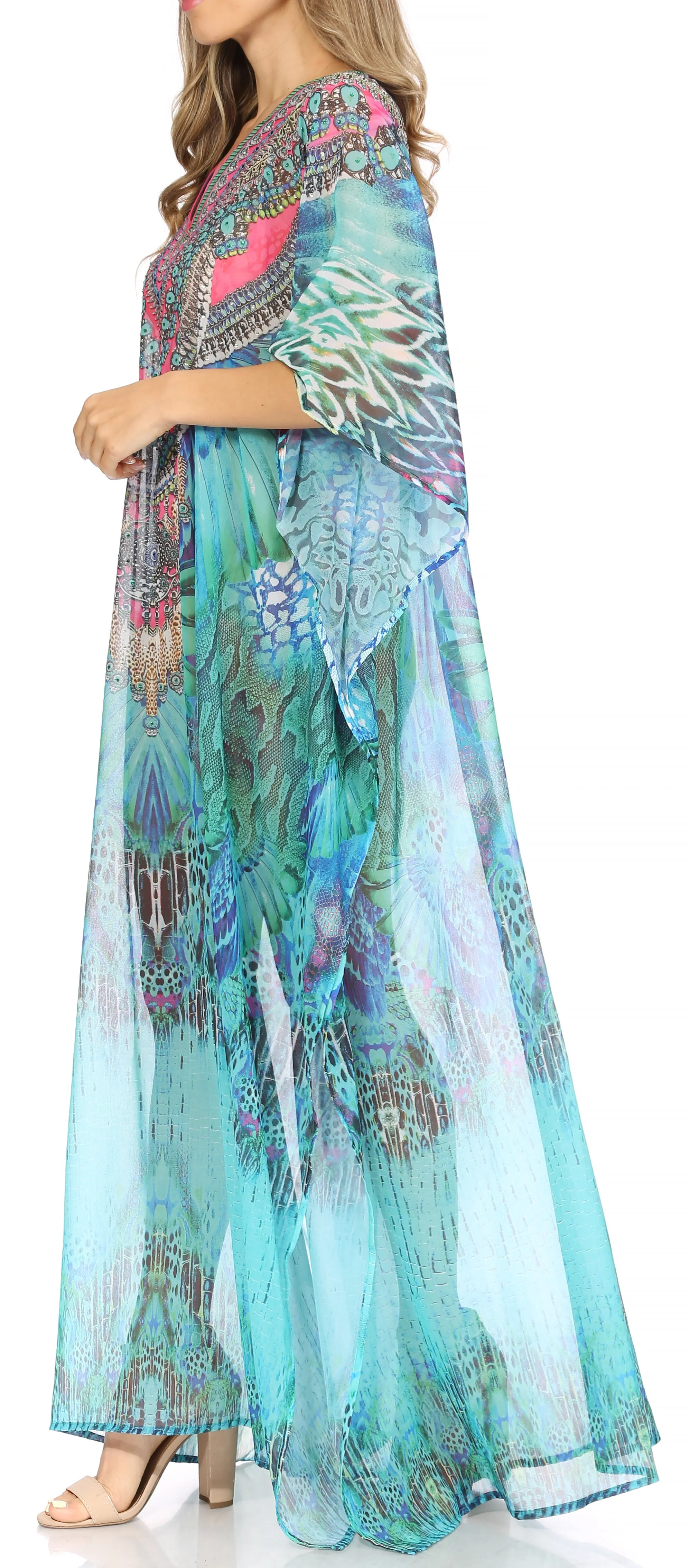 Sakkas Wilder Printed Design Long Sheer Rhinestone Caftan Dress / Cover Up - Image 179