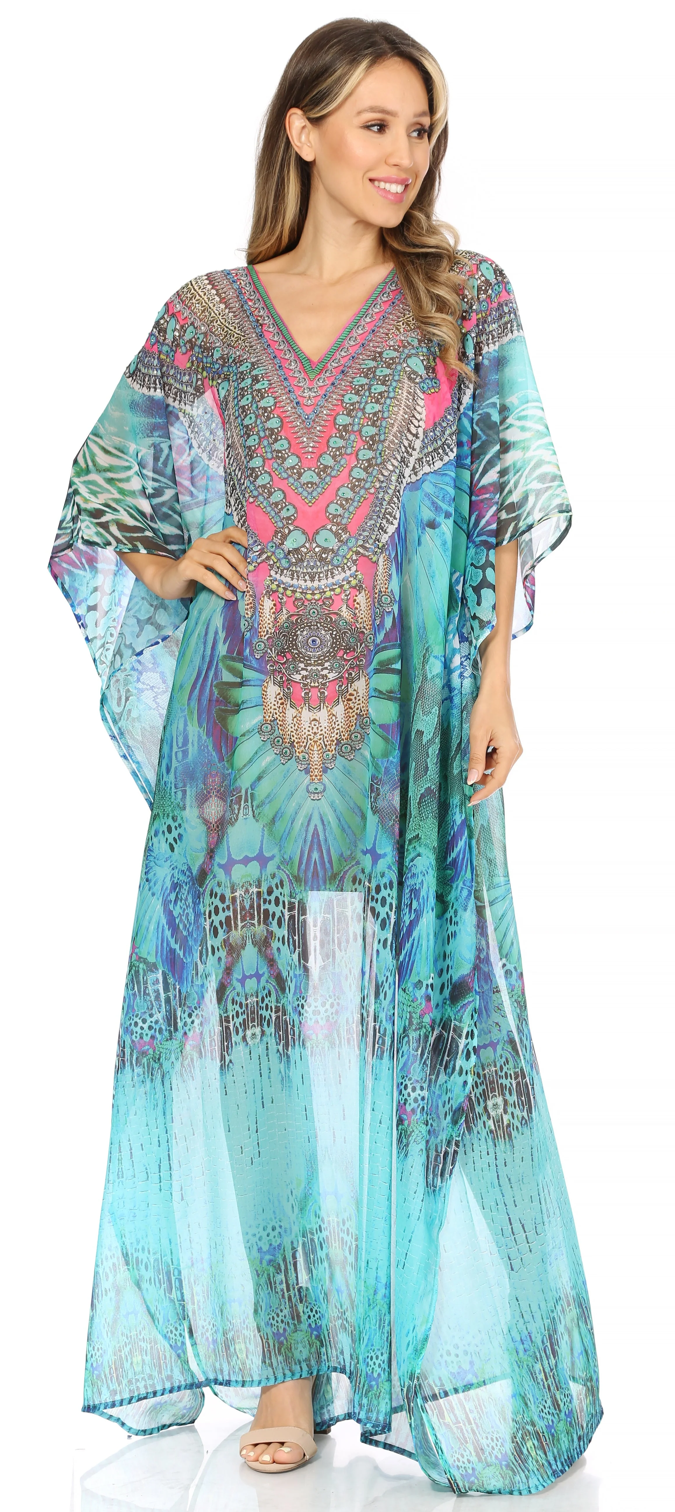 Sakkas Wilder Printed Design Long Sheer Rhinestone Caftan Dress / Cover Up - Image 180