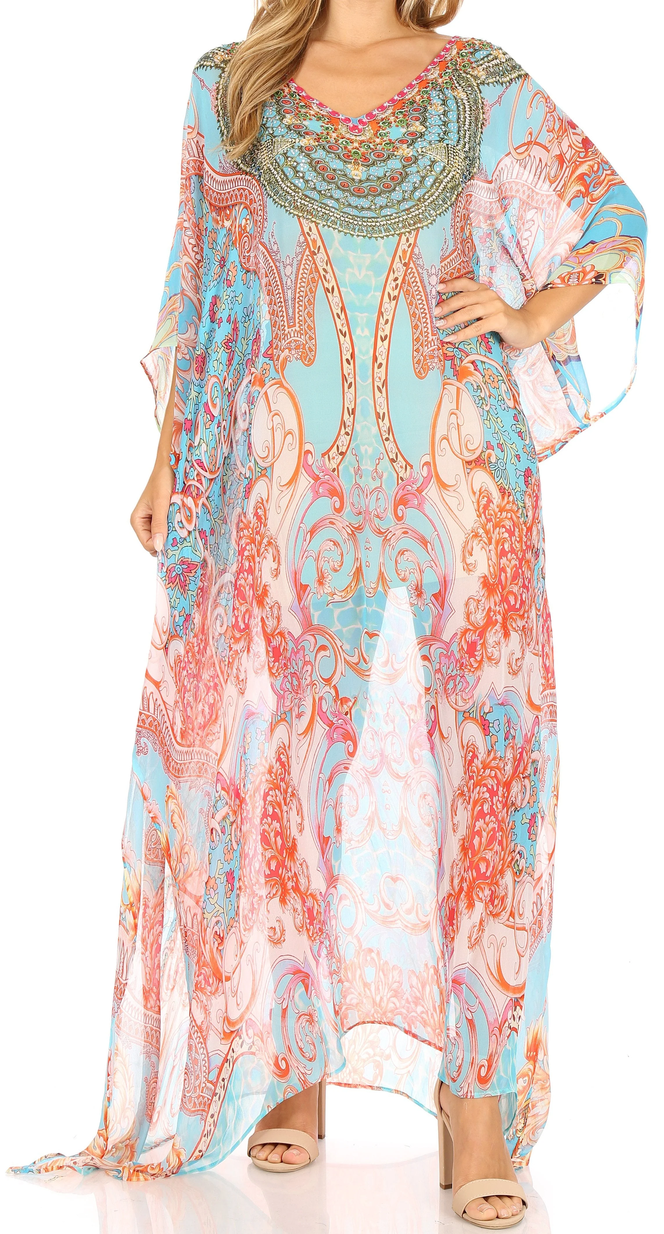 Sakkas Wilder Printed Design Long Sheer Rhinestone Caftan Dress / Cover Up - Image 181