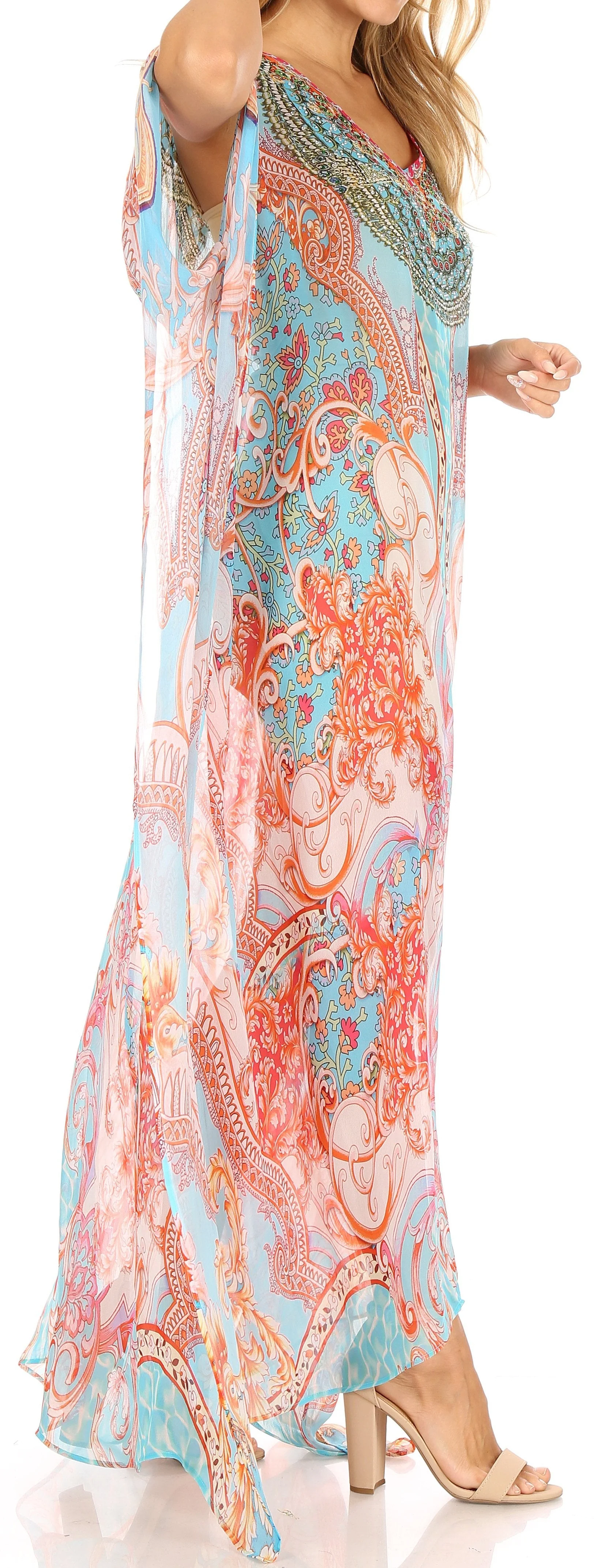 Sakkas Wilder Printed Design Long Sheer Rhinestone Caftan Dress / Cover Up - Image 184